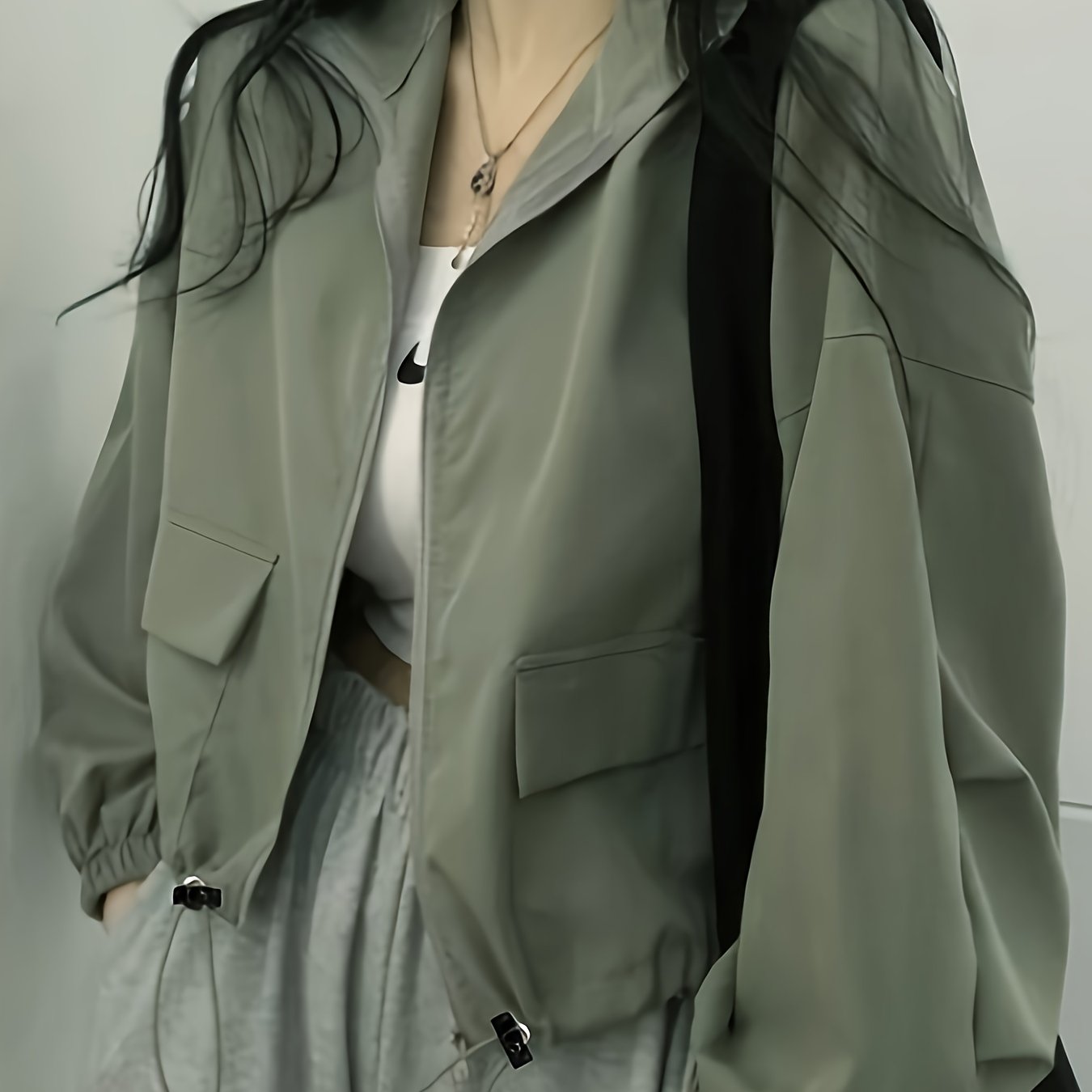 Women'S Lightweight Casual Windbreaker Jacket - Olive Green, Short Length, Zip-Up with Drawstring Hood, Long Sleeves, Perfect for Spring\u002FFall Outings, Spring Outerwear | Casual Style Jacket | Zippered Jacket, Windbreaker