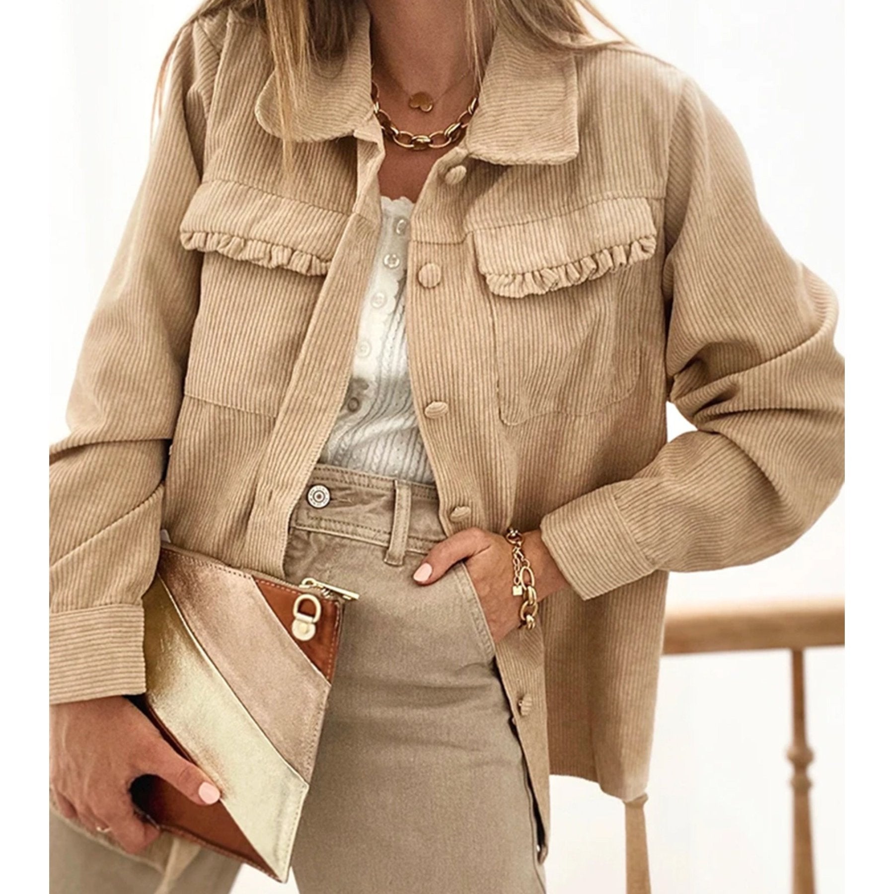 Womens Corduroy Sherpa Jackets Button Long Sleeve Fleece Outwear Coat with Pockets