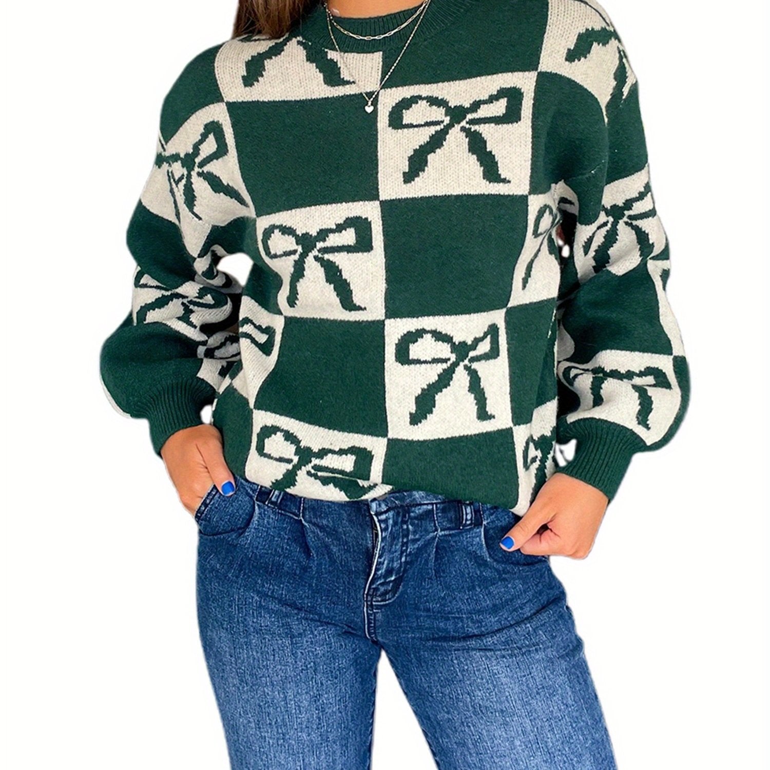 1pc Women'S Casual Crew Neck Knit Sweater - Polyester Long Sleeve Ribbed Top with Checkered Bow Pattern for Fall\u002FWinter