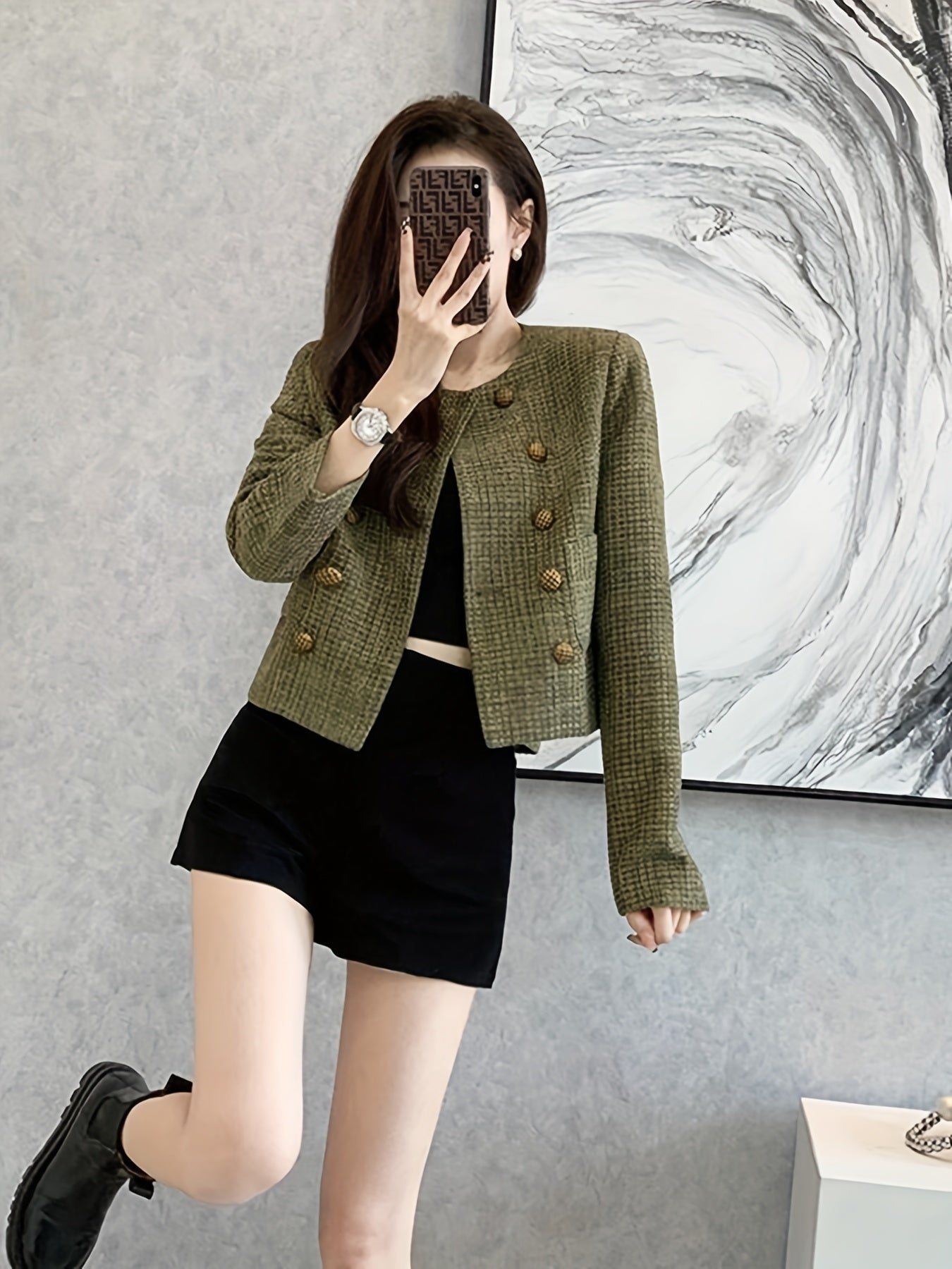 Women's French-Inspired Elegant Style Jacket - Retro Tweed Short Coat with Golden-Tone Buttons, Structured Round Neck & Machine Washable - All-Season Versatile Outerwear for Petite Women (Casual to Formal Events) - Vintage-Inspired Women's Fashion