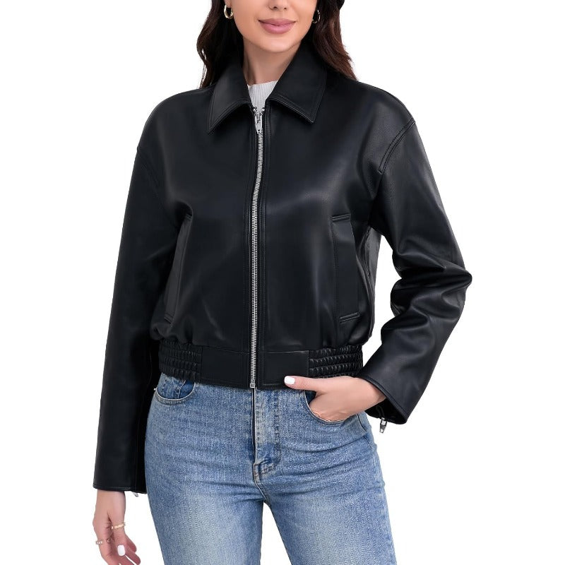 Leather Jacket WomenCropped Lambskin Bomber Jacket Removable Sherpa Collar Zip Front Elasticized Hem