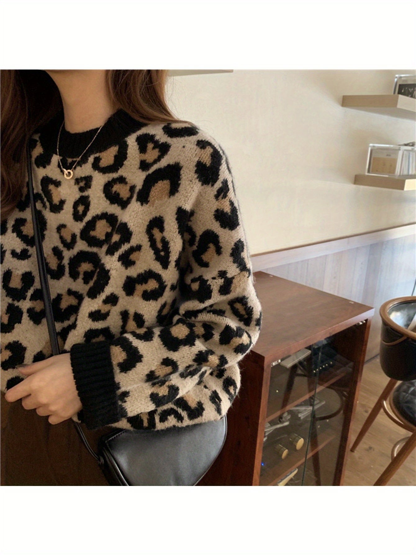 Women'S Leopard Print Sweater - Loose Fit Long Sleeve Pullover with Asymmetrical Hem, High-Stretch Round Neck Top for Spring\u002FFall, Casual Chic Style, Leopard Print Sweater