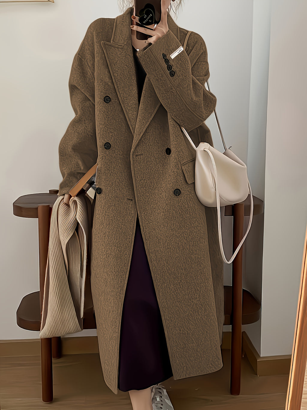 Autumn\Winter Casual Double-Breasted Over-the-Knee Long Coat, Seasonal Fashion, Autumn Coat, Classic Style, Elegant Design, Structured Fit, Nonstretch Fabric, Outerwear Piece, Kneelength Jacket, Daily Wear, Fashion Lovers