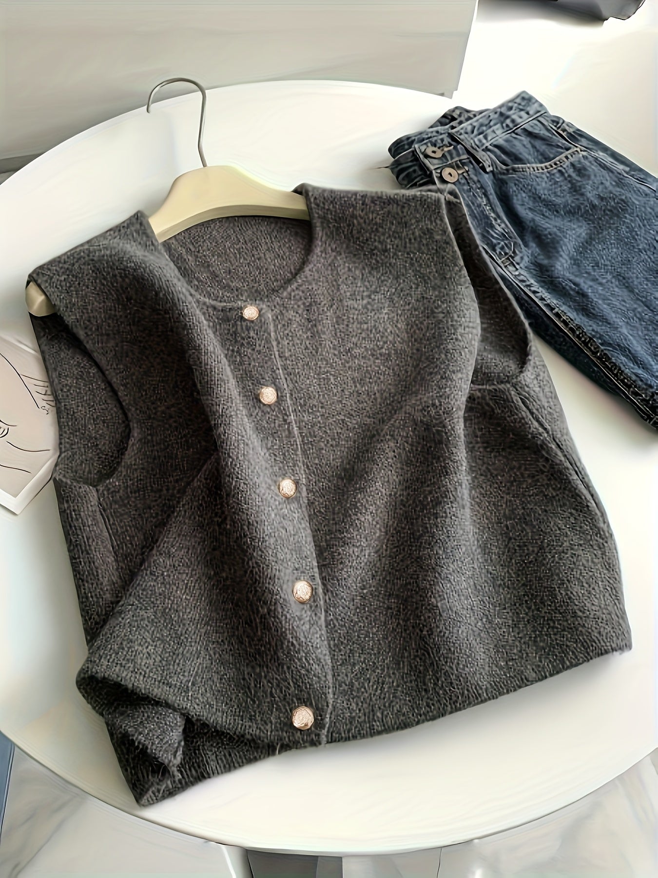 Women'S Chic Cardigan Vest - Button-Up Sleeveless Pullover with Ribbed Texture, Dark Gray, Perfect for Spring\u002FSummer\u002FFall, Casual Wear, Casual Wear Vest | Buttonup Cardigan | Construction, Cardigan Vest