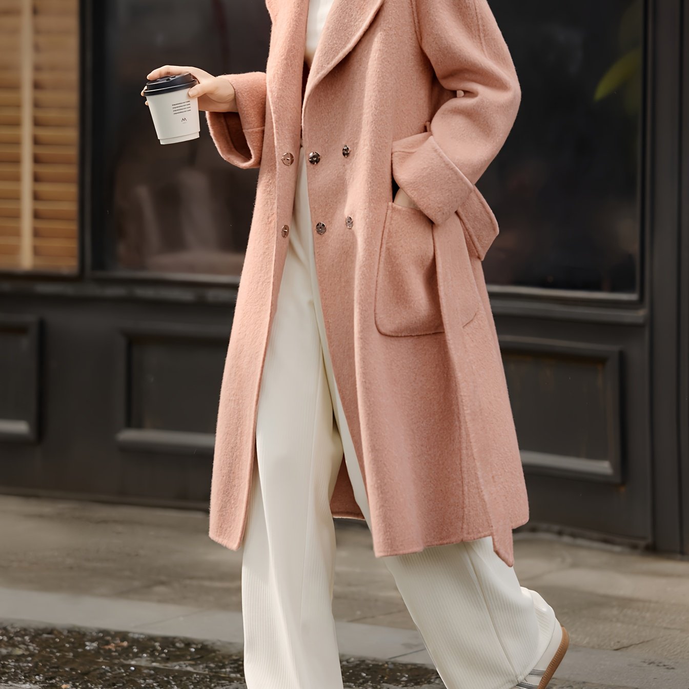 Women'S Wool Blend Long Trench Coat with Tie Waist, Solid Color, Regular Fit, H-Line Silhouette, Double-Breasted, Long Sleeve, Winter Season, Belted, No Padding, Straight Cut Sleeves