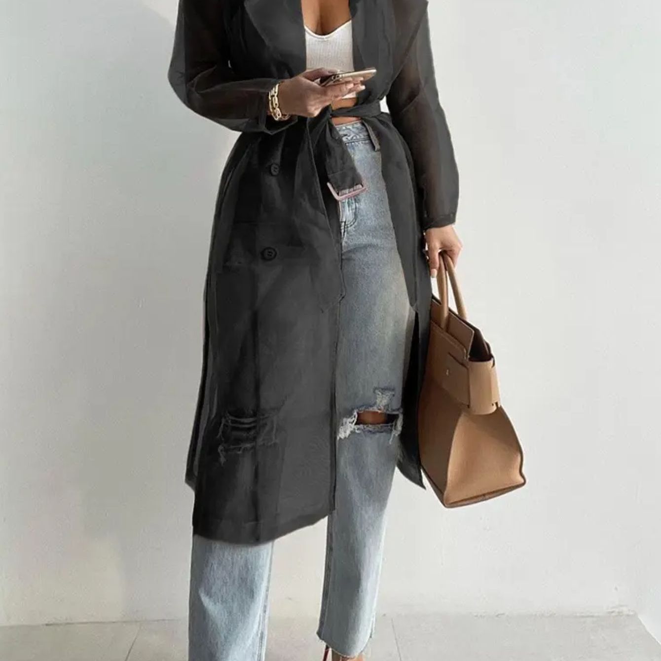 Women'S Elegant Solid Color Double-Breasted Belt Trench Coat Jacket - Long Sleeves, Button- Shirt, Spring Jacket with Golden Buttons, Casual Fashion Style, Regular Fit, Spring Jacket|Y2K Style Jacket|Durable Jacket