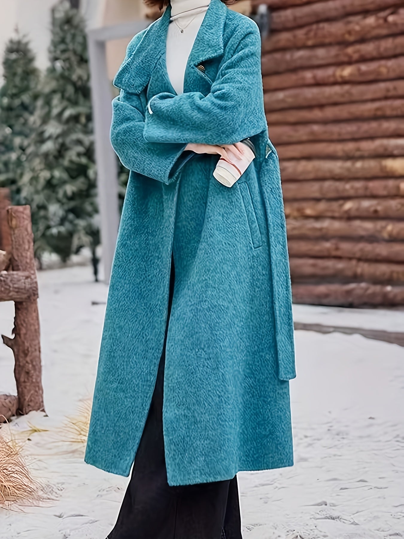 Elegant Teal Wool Winter Coat for Women - Double-Sided Nylon, Long Sleeve with Belt, Buttoned Turtleneck Collar, Ribbed Cuffs, Perfect for Cold Weather Outdoor Style