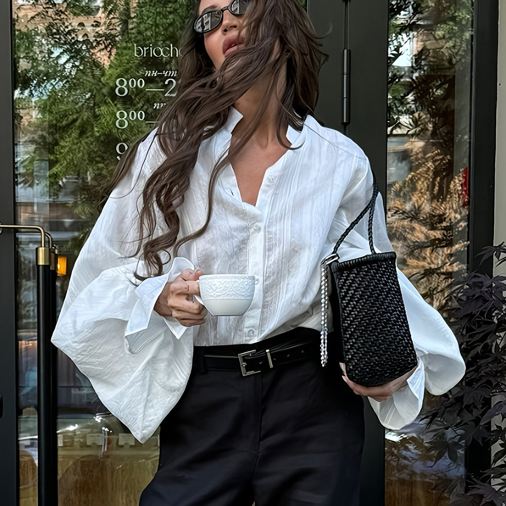 Women'S Elegant Button-Front Blouse - Long Sleeve Shirt with Structured Collar, All-Season Office & Everyday Blouse for Women, Chic Workplace & Casual Outfits, Versatile Clothing, Sophisticated Design, Durable Fabric, Buttonup Top, Fashion Lovers