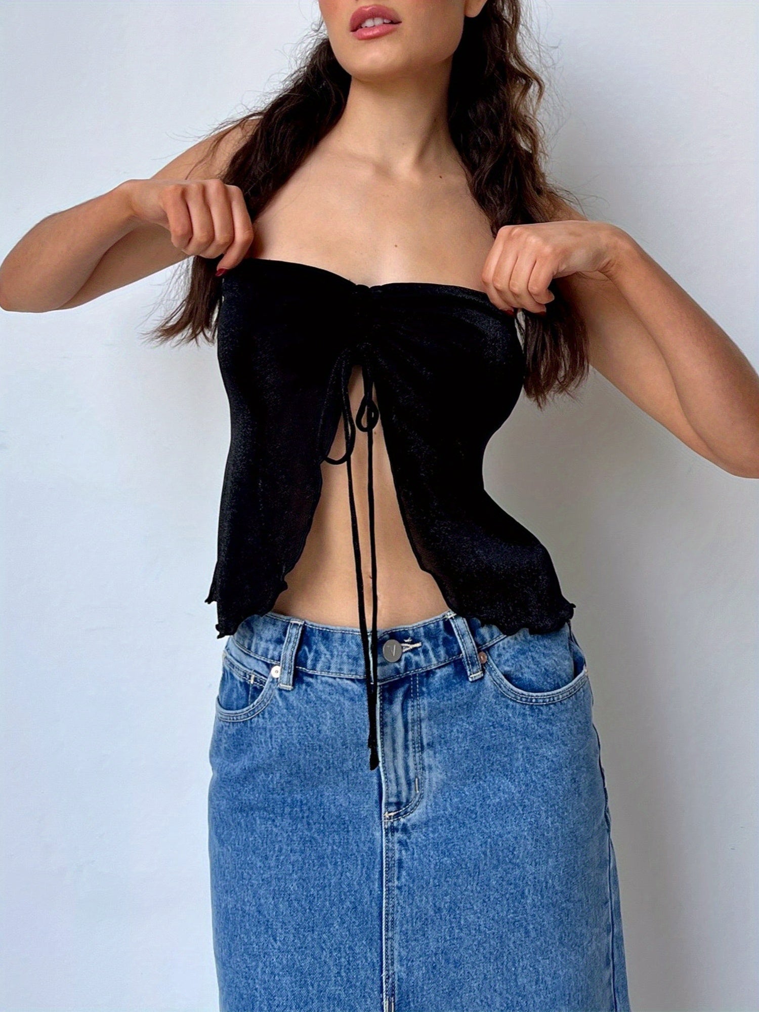 Women'S Summer Off-Shoulder Tie-Up Bandeau Top - Sleeveless Solid Color Low-Cut Casual Chic Blouse for Casual Attire, Ladies Blouses