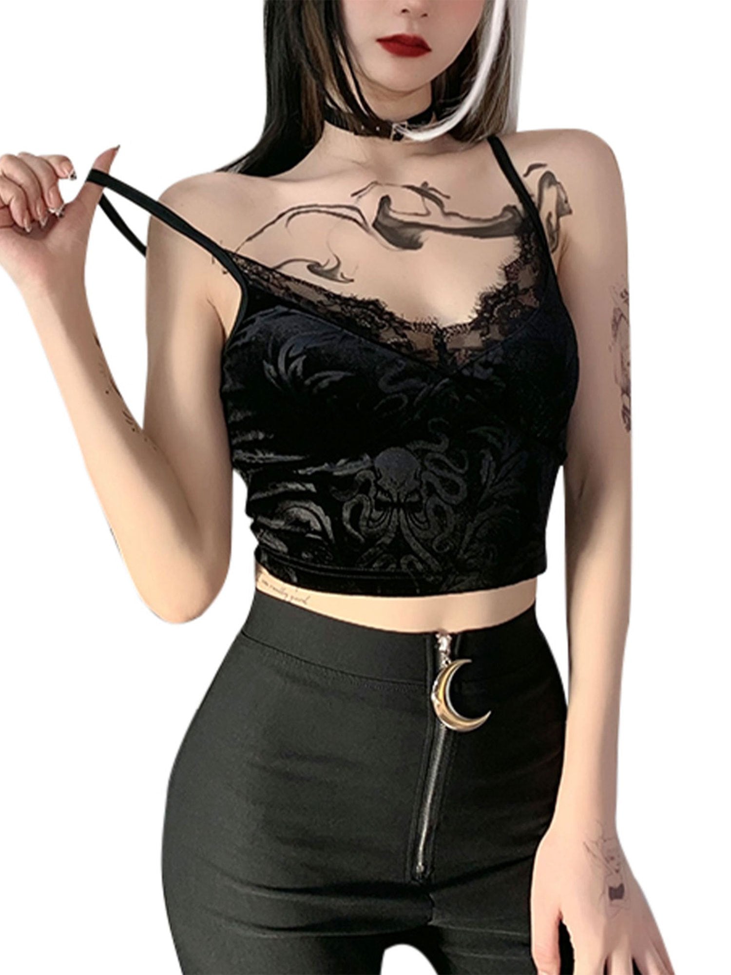 1pc Y2K Style Women'S Floral Lace Trim V-Neck Sleeveless Crop Top - Polyester Knit Fabric Gothic Camisole Tank for Summer - Contrast Lace Slingback Cami for Casual and Clubwear