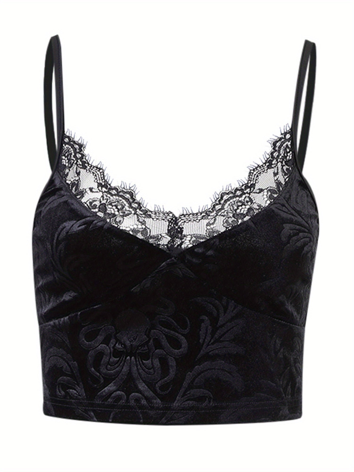 1pc Y2K Style Women'S Floral Lace Trim V-Neck Sleeveless Crop Top - Polyester Knit Fabric Gothic Camisole Tank for Summer - Contrast Lace Slingback Cami for Casual and Clubwear