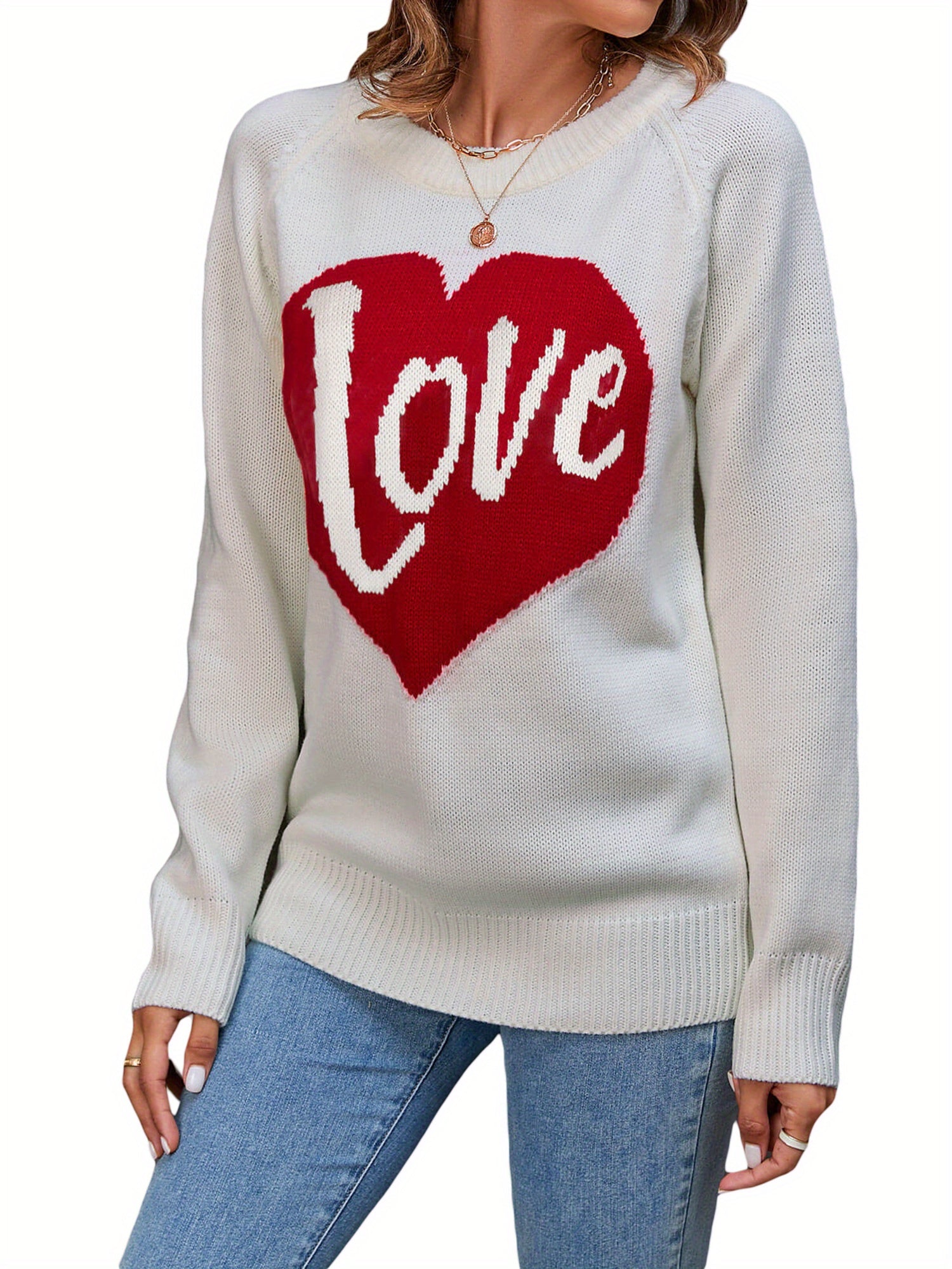 1pc Vintage Style Women'S Knit Sweater with Heart-Shaped \