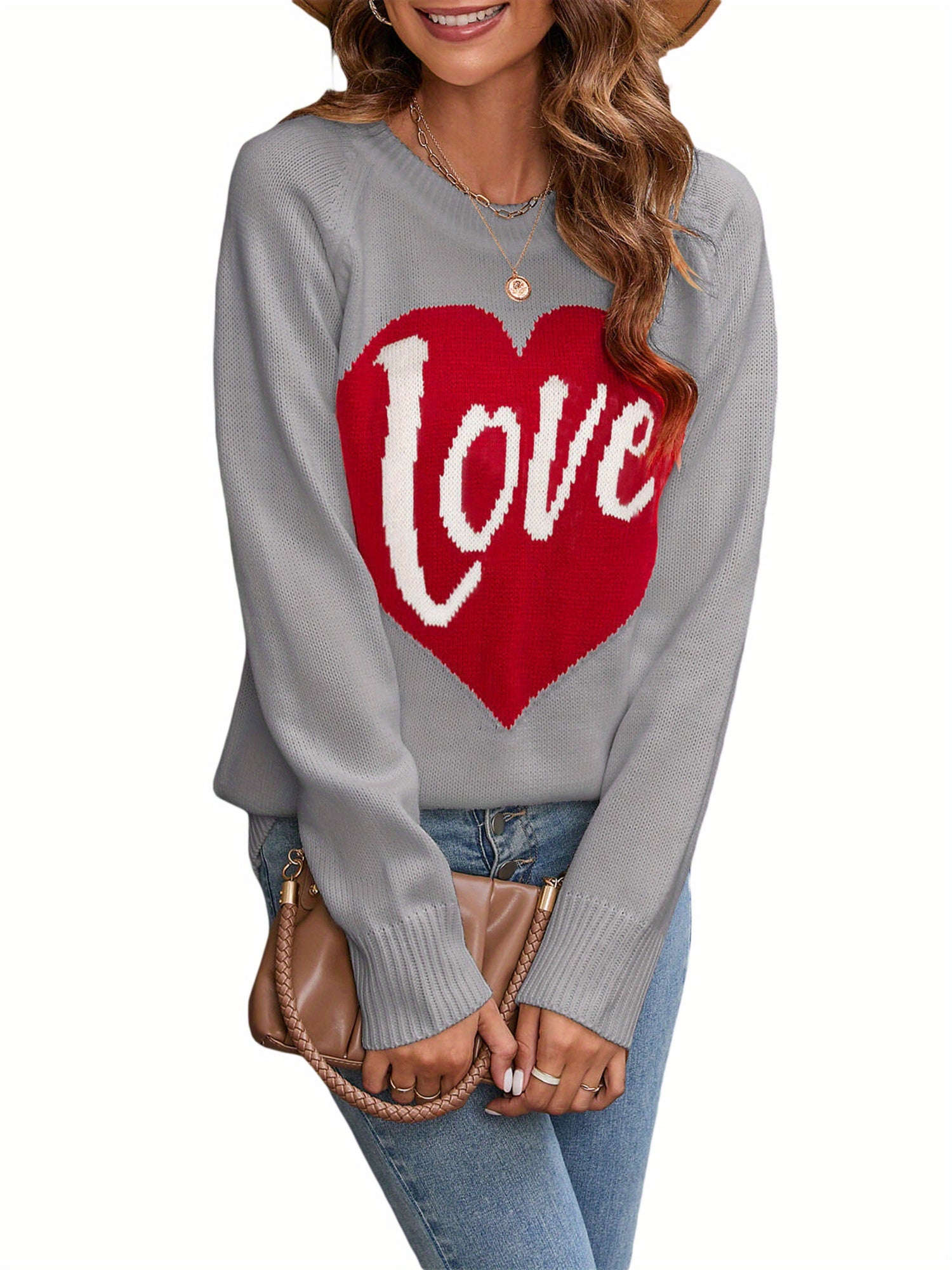 1pc Vintage Style Women'S Knit Sweater with Heart-Shaped \