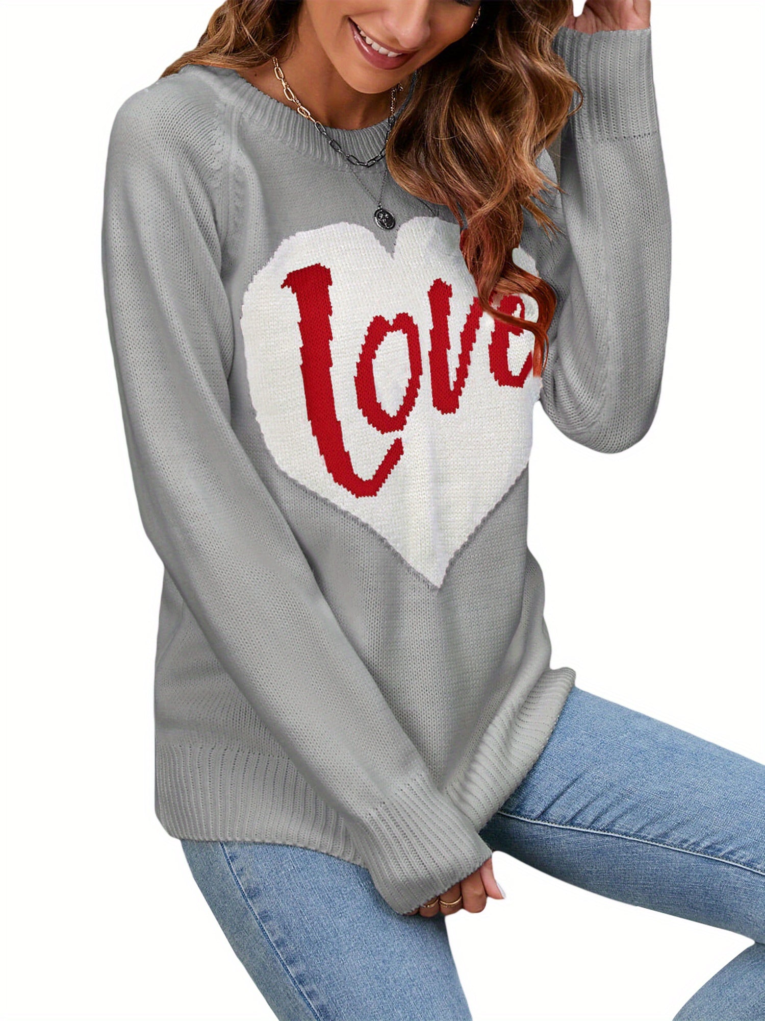1pc Vintage Style Women'S Knit Sweater with Heart-Shaped \