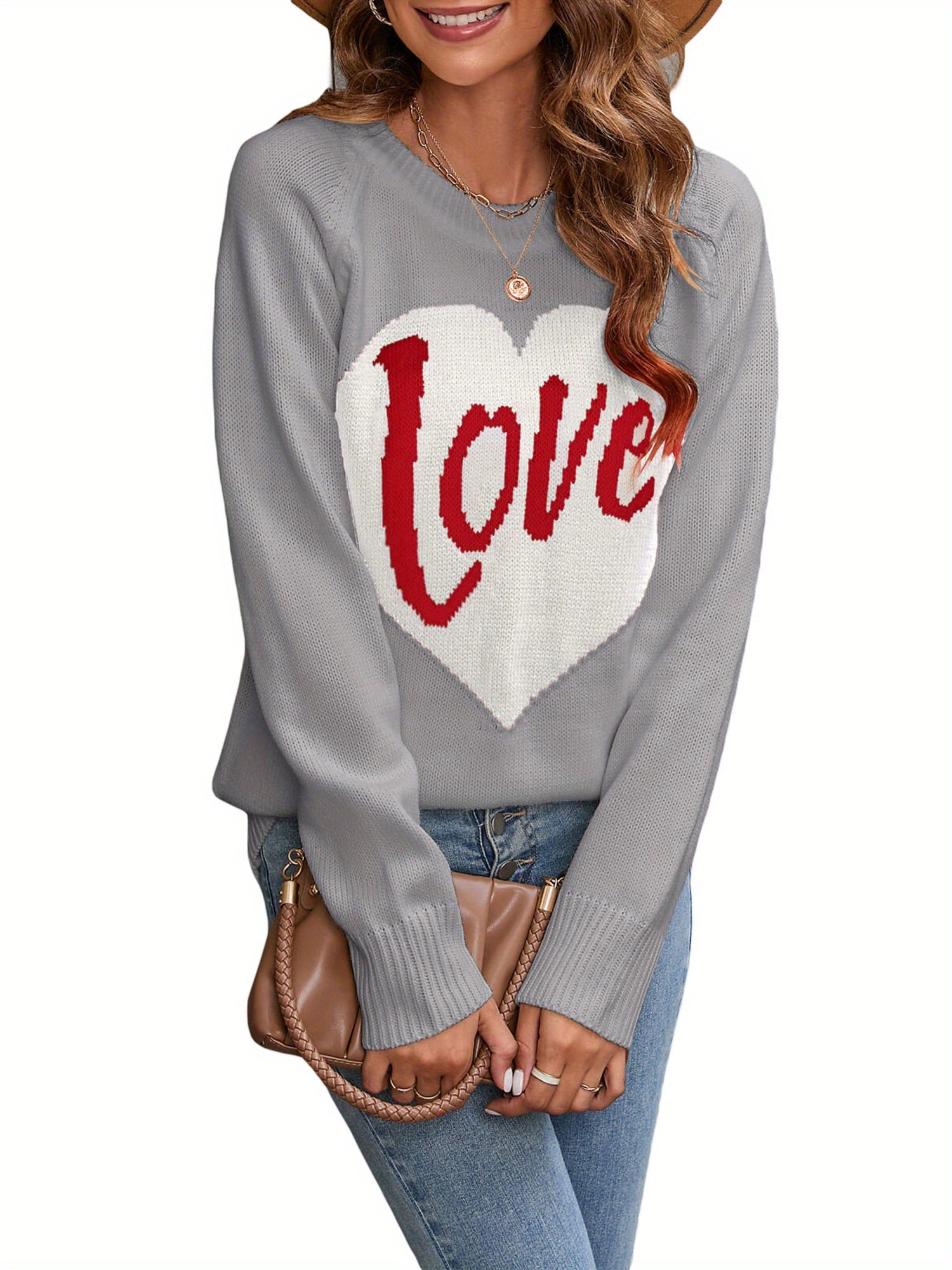 1pc Vintage Style Women'S Knit Sweater with Heart-Shaped \