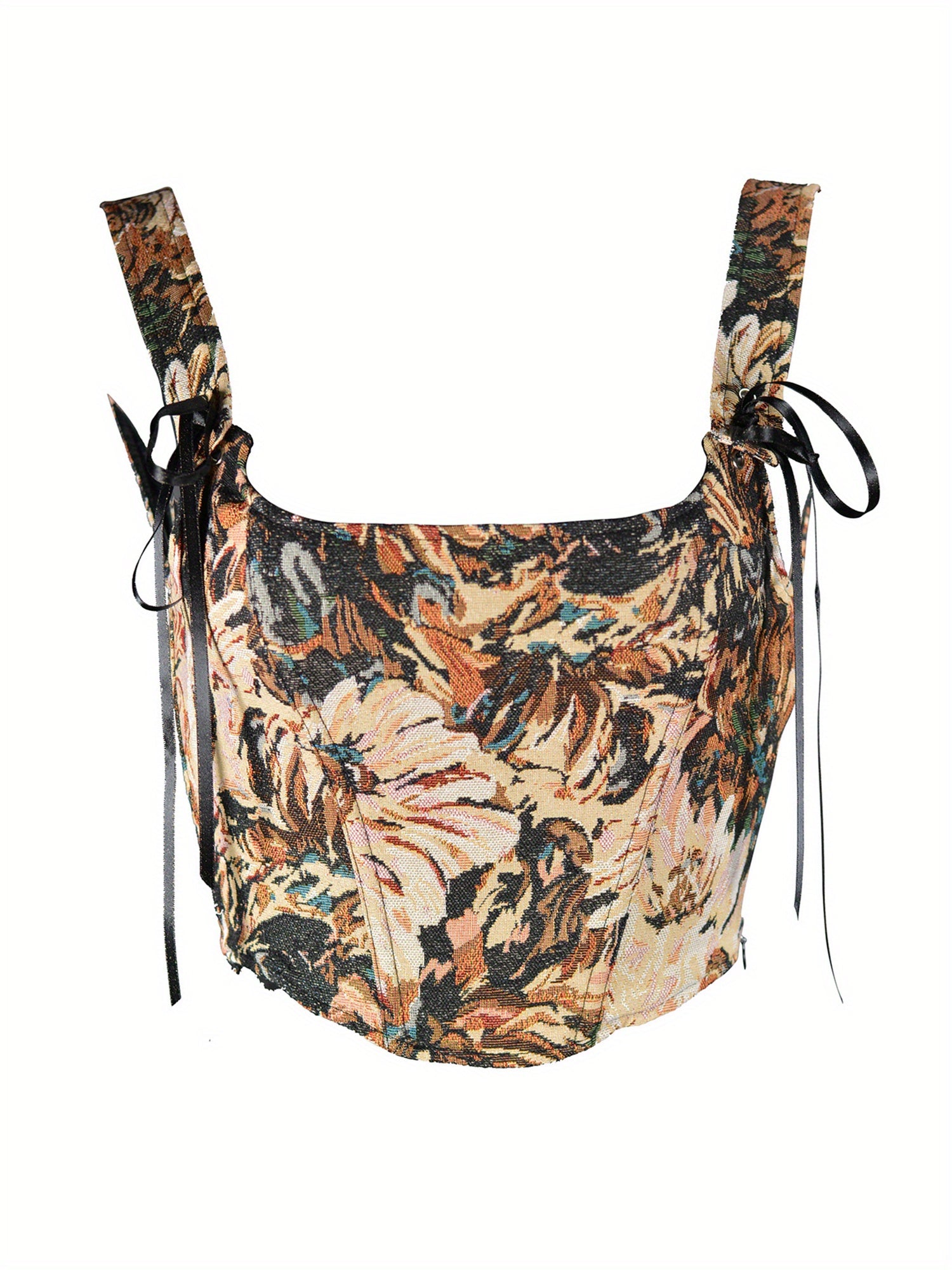 1pc Elegant Off-Shoulder Corset Tank Top for Women - Polyester Knit Fabric, All-Season Floral Slingback Vest with Tie Back Detail, Casual Summer Streetwear