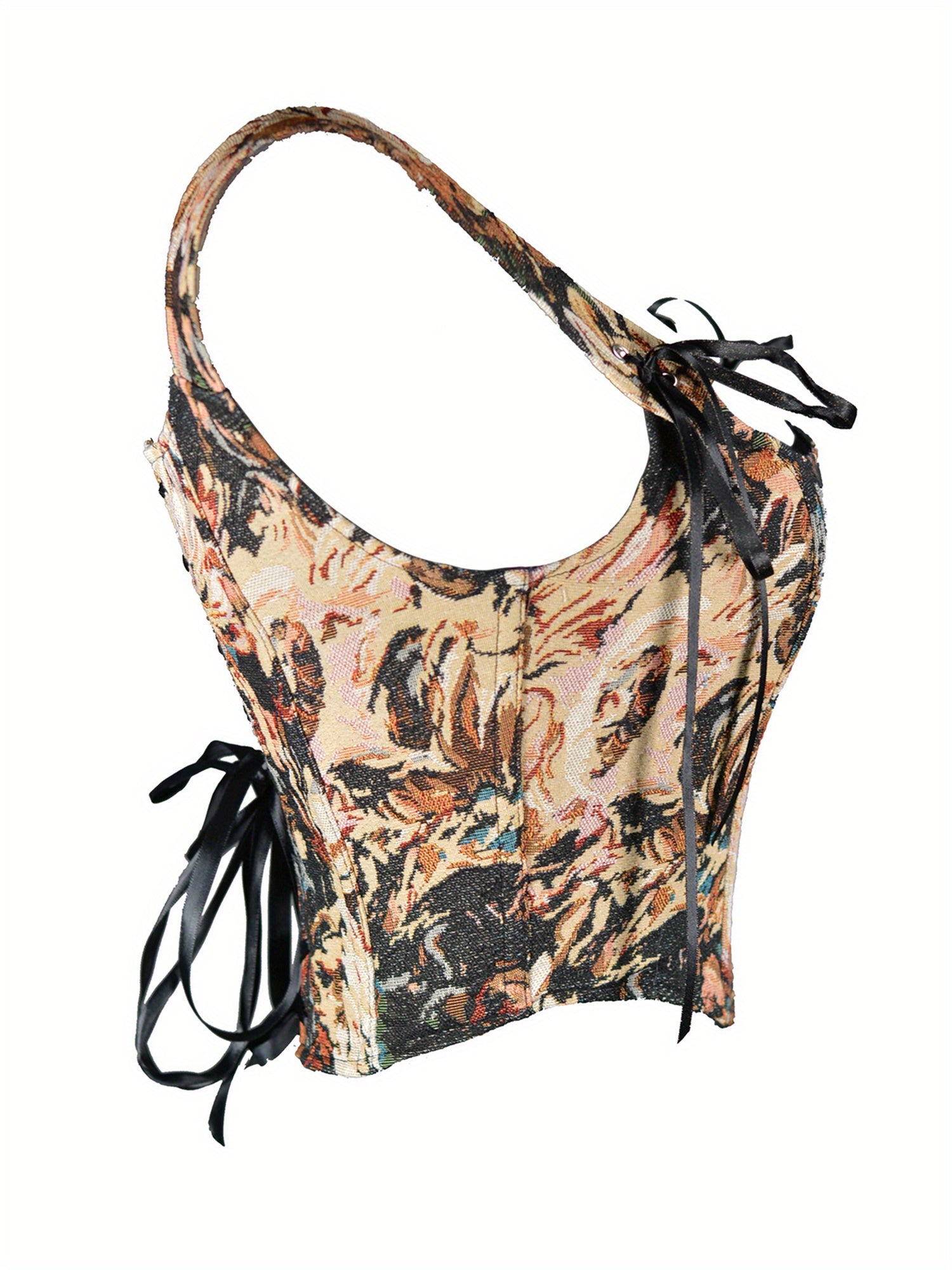 1pc Elegant Off-Shoulder Corset Tank Top for Women - Polyester Knit Fabric, All-Season Floral Slingback Vest with Tie Back Detail, Casual Summer Streetwear