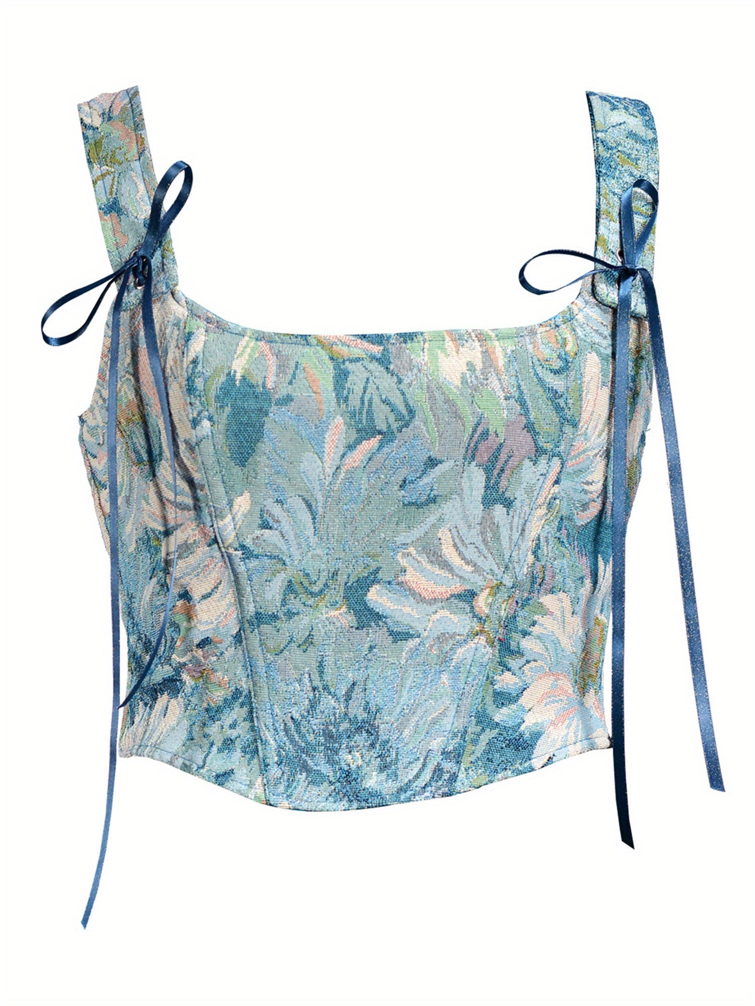 1pc Elegant Off-Shoulder Corset Tank Top for Women - Polyester Knit Fabric, All-Season Floral Slingback Vest with Tie Back Detail, Casual Summer Streetwear