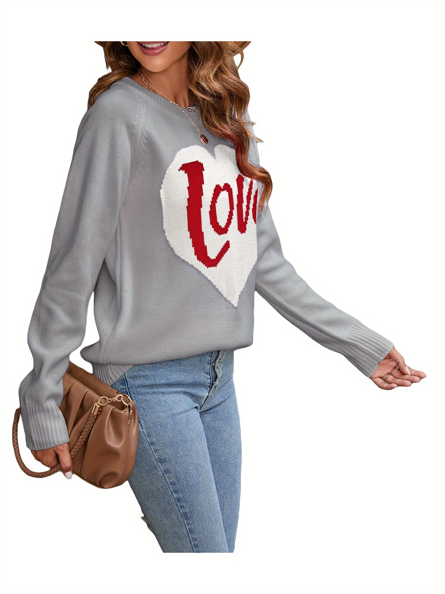 1pc Vintage Style Women'S Knit Sweater with Heart-Shaped \