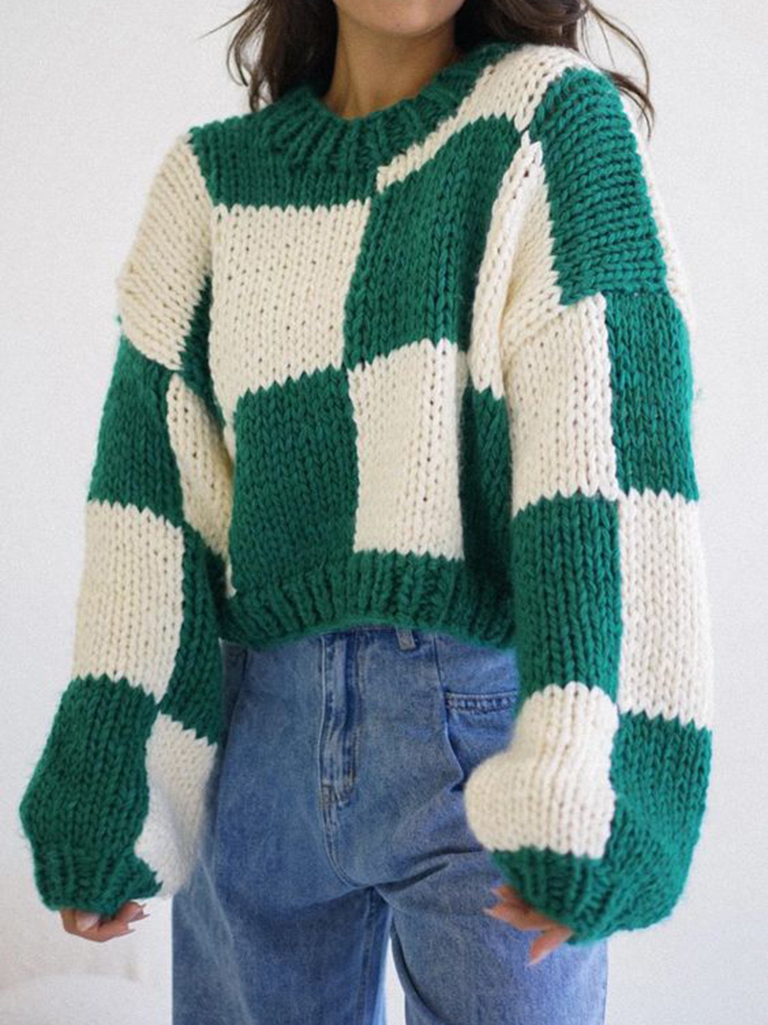 1pc Women'S Cozy Plaid Knit Sweater - Casual Round Neck Long Sleeve Pullover, Polyester Warm Christmas Pattern, Autumn\u002FWinter Basic Knitwear