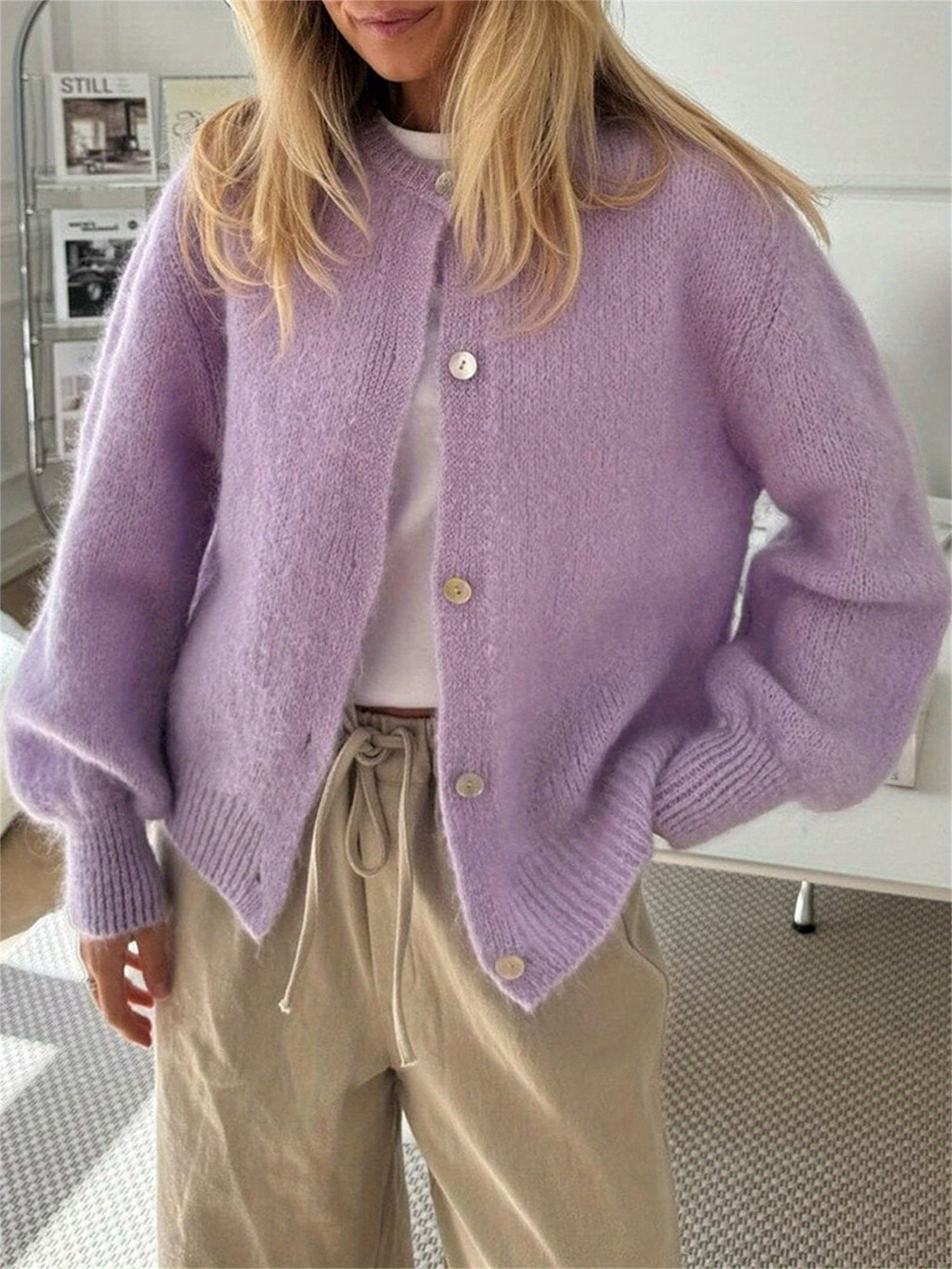 Women'S Solid Color Cardigan Fuzzy Long Sleeve Button Sweater Soft Knit Tops Outerwear