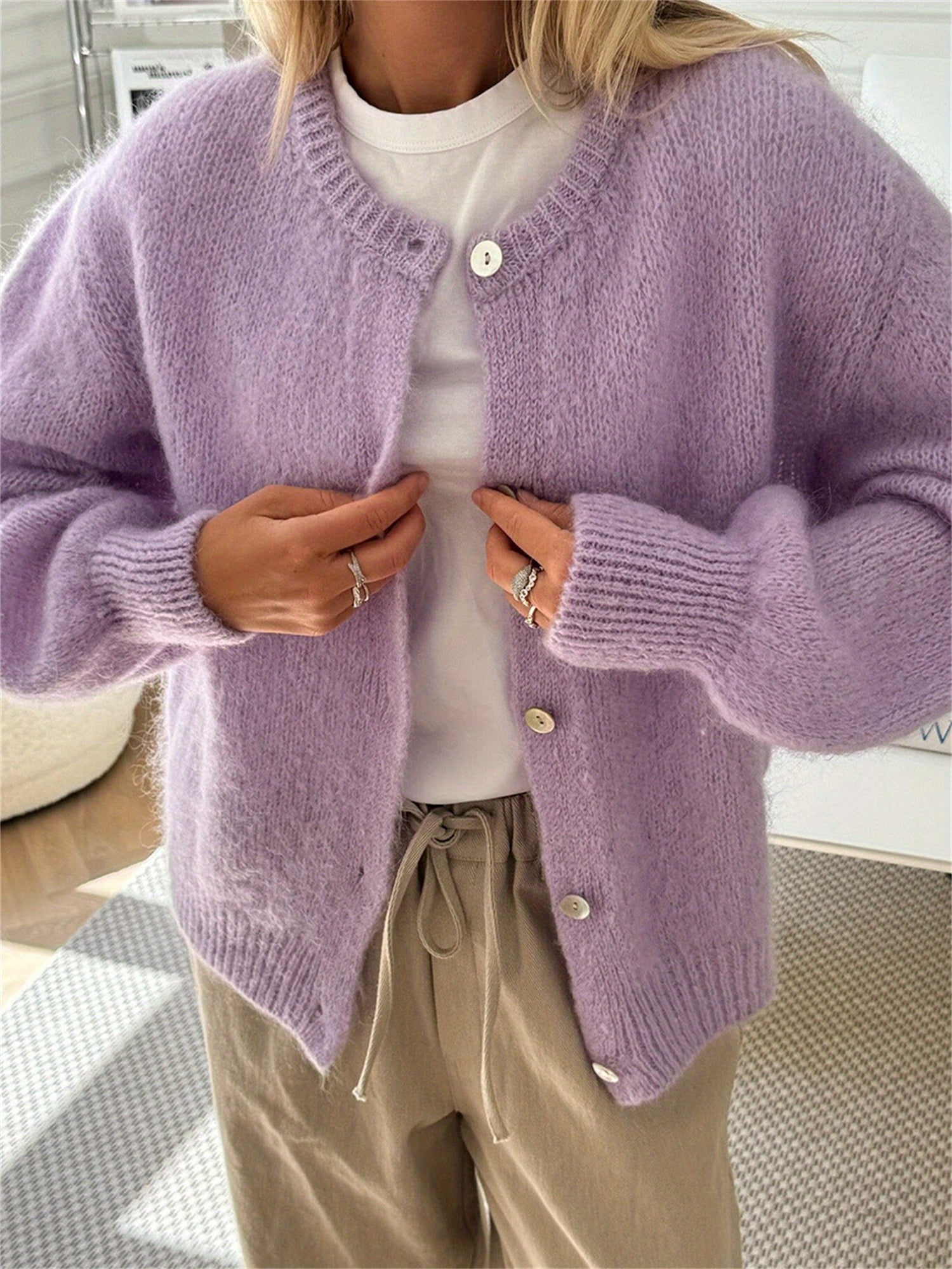 Women'S Solid Color Cardigan Fuzzy Long Sleeve Button Sweater Soft Knit Tops Outerwear