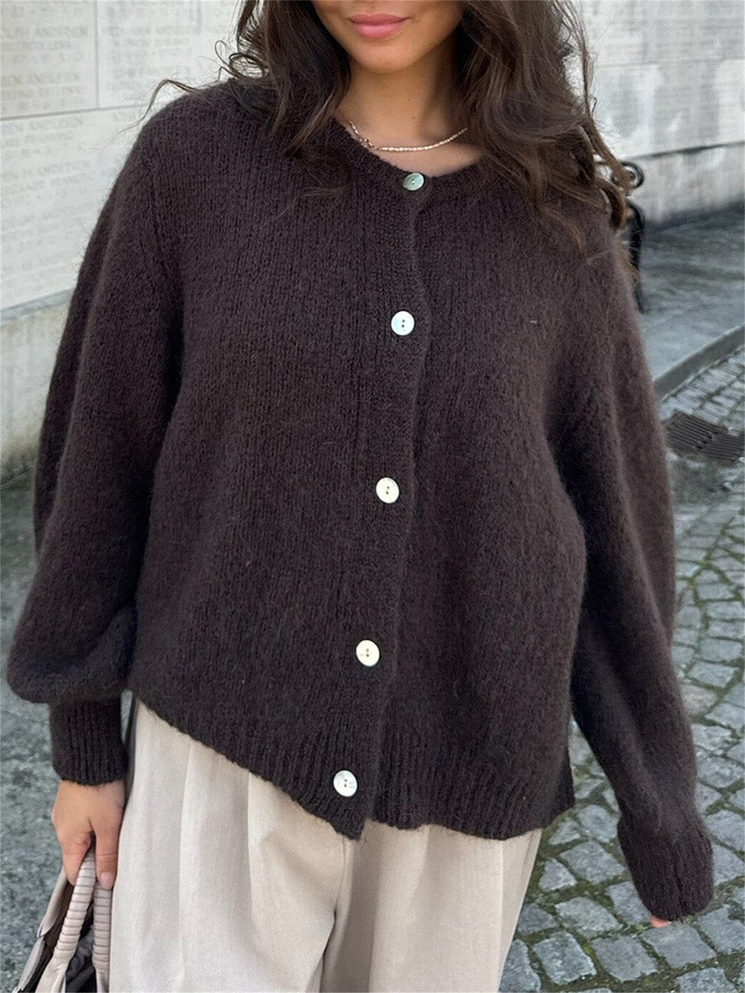 Women'S Solid Color Cardigan Fuzzy Long Sleeve Button Sweater Soft Knit Tops Outerwear