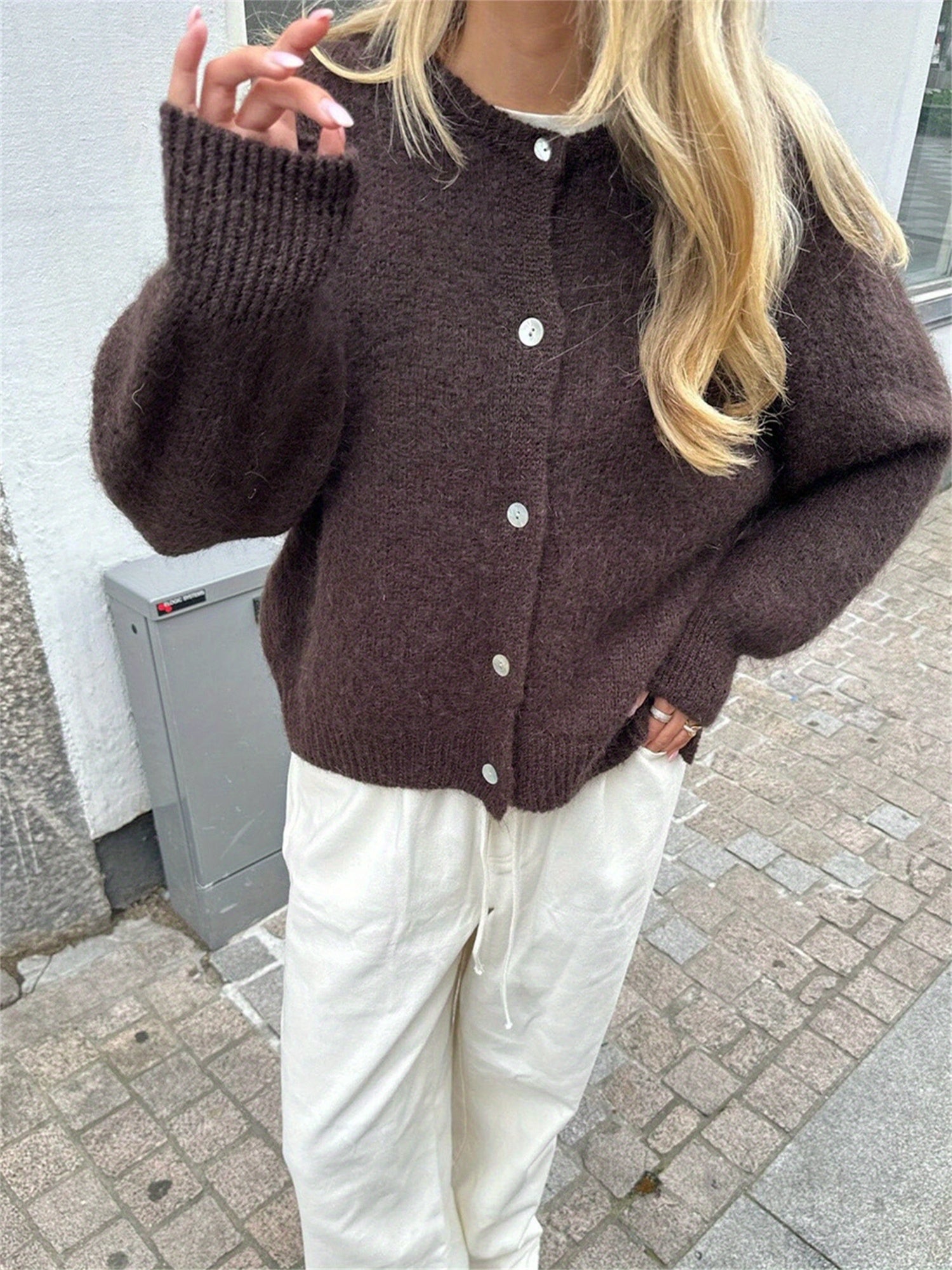 Women'S Solid Color Cardigan Fuzzy Long Sleeve Button Sweater Soft Knit Tops Outerwear