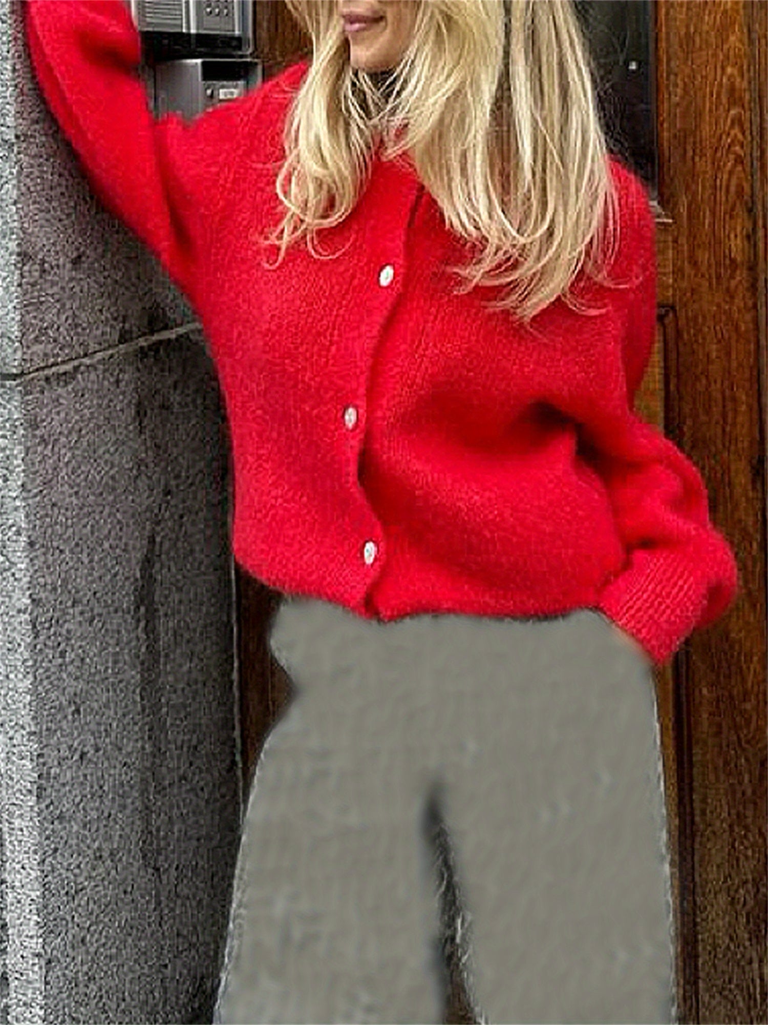 Women'S Solid Color Cardigan Fuzzy Long Sleeve Button Sweater Soft Knit Tops Outerwear