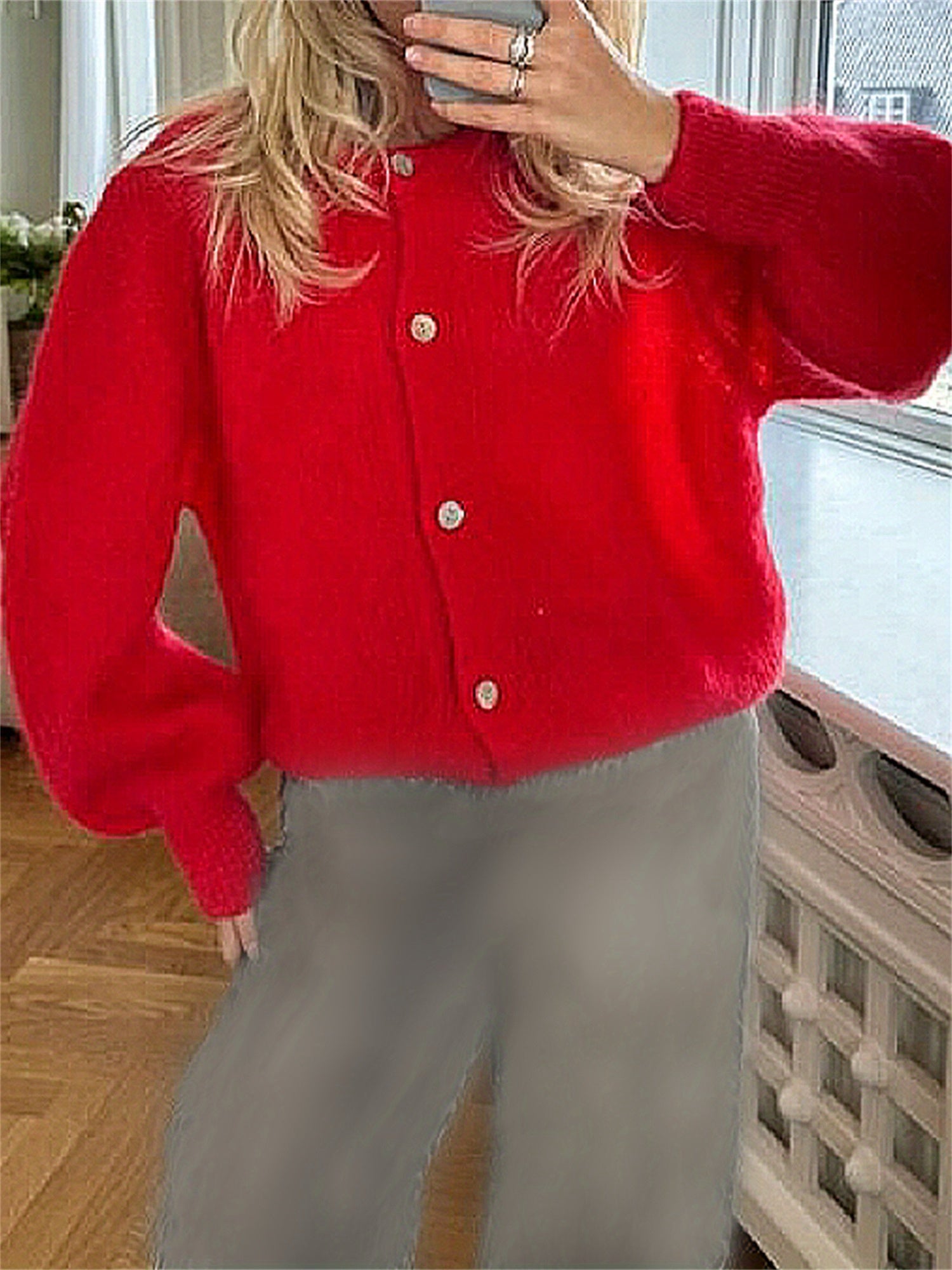 Women'S Solid Color Cardigan Fuzzy Long Sleeve Button Sweater Soft Knit Tops Outerwear