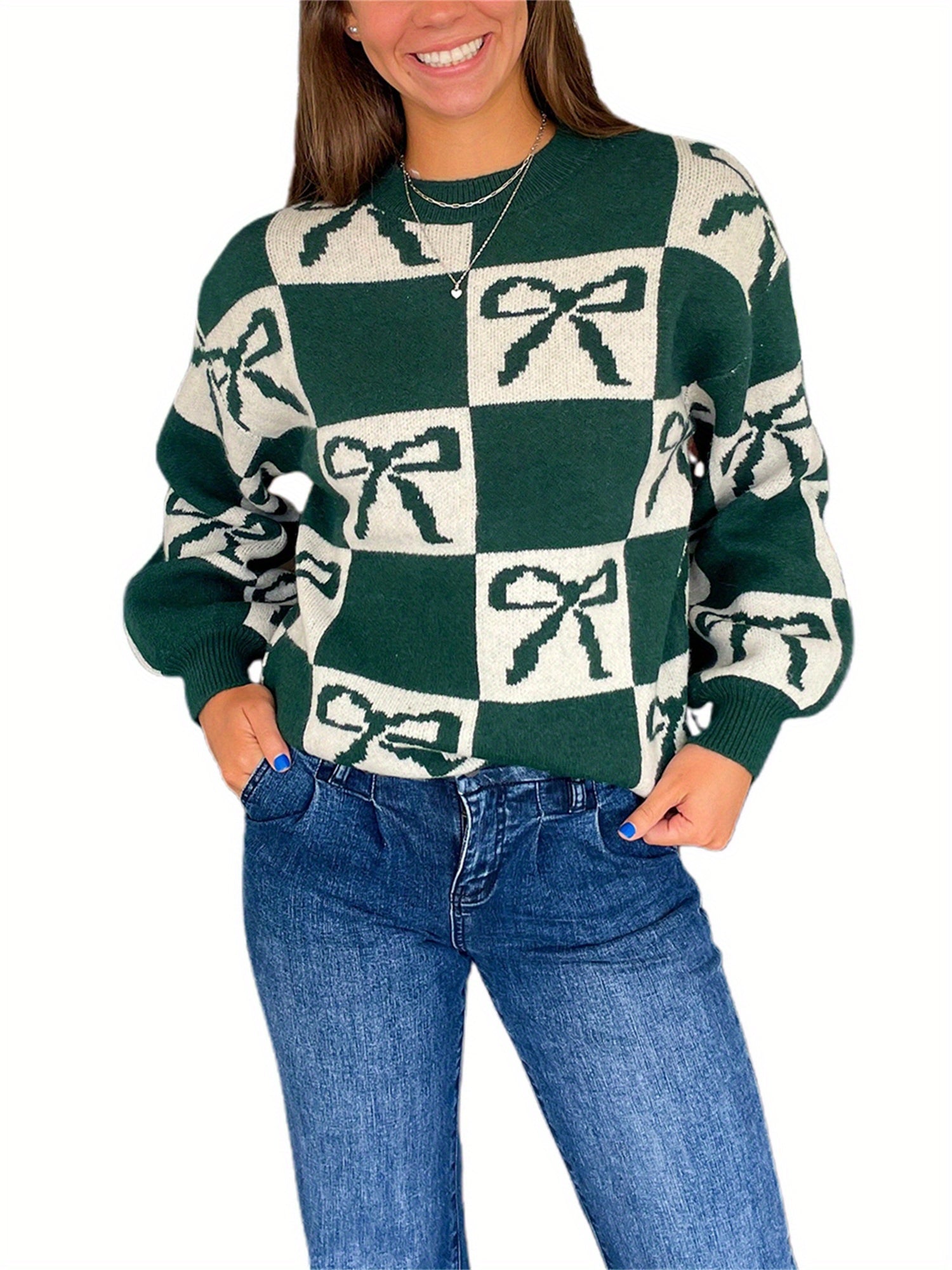 1pc Women'S Casual Crew Neck Knit Sweater - Polyester Long Sleeve Ribbed Top with Checkered Bow Pattern for Fall\u002FWinter