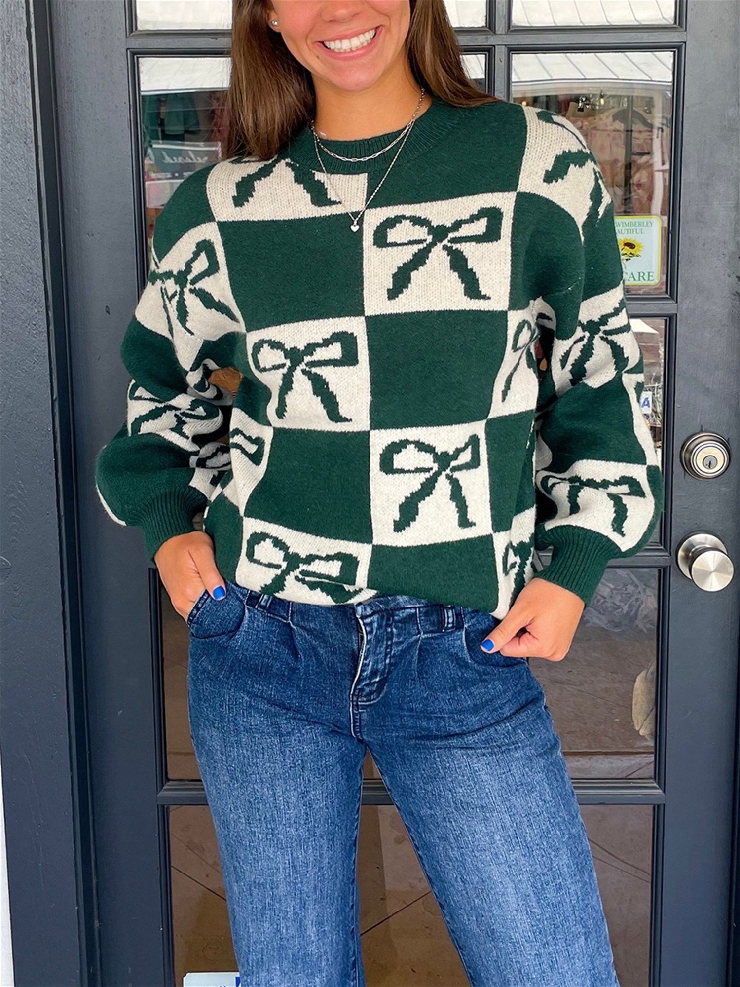 1pc Women'S Casual Crew Neck Knit Sweater - Polyester Long Sleeve Ribbed Top with Checkered Bow Pattern for Fall\u002FWinter