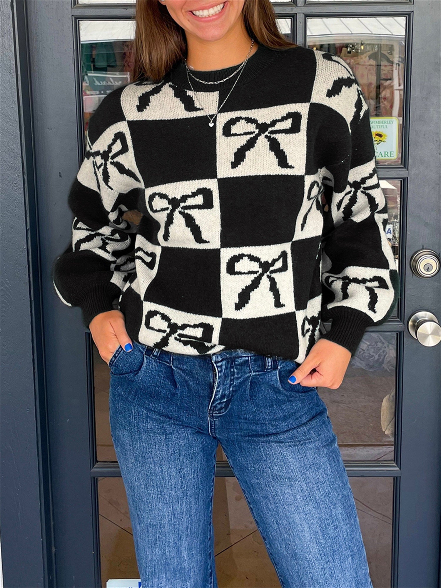 1pc Women'S Casual Crew Neck Knit Sweater - Polyester Long Sleeve Ribbed Top with Checkered Bow Pattern for Fall\u002FWinter