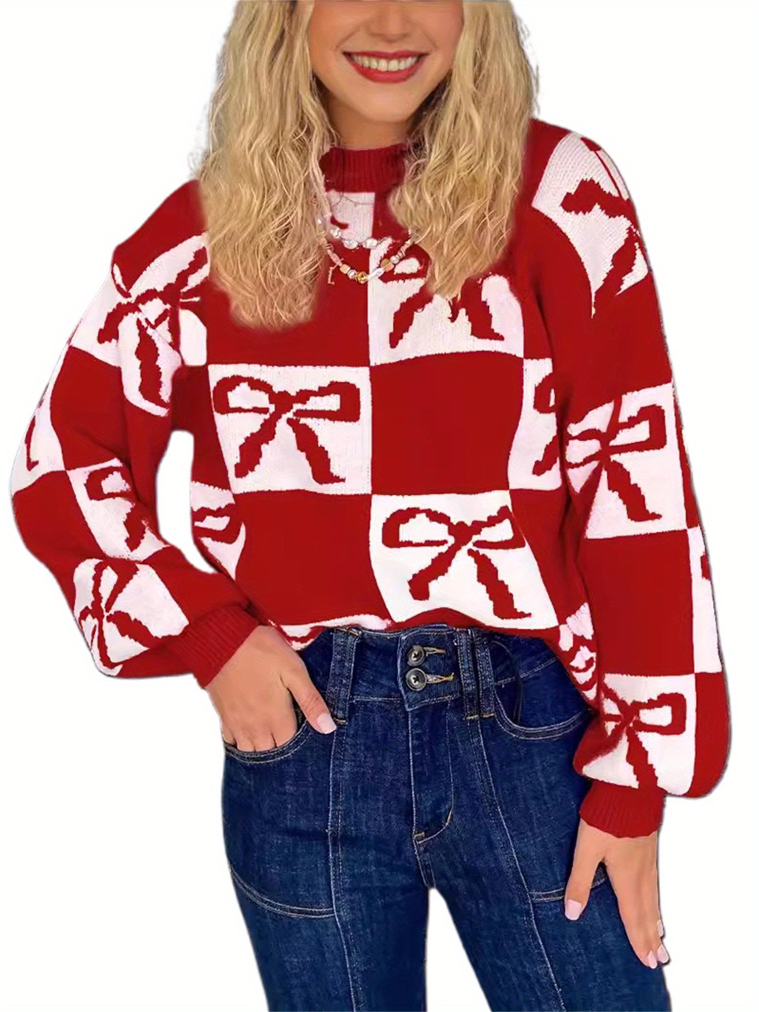 1pc Women'S Casual Crew Neck Knit Sweater - Polyester Long Sleeve Ribbed Top with Checkered Bow Pattern for Fall\u002FWinter
