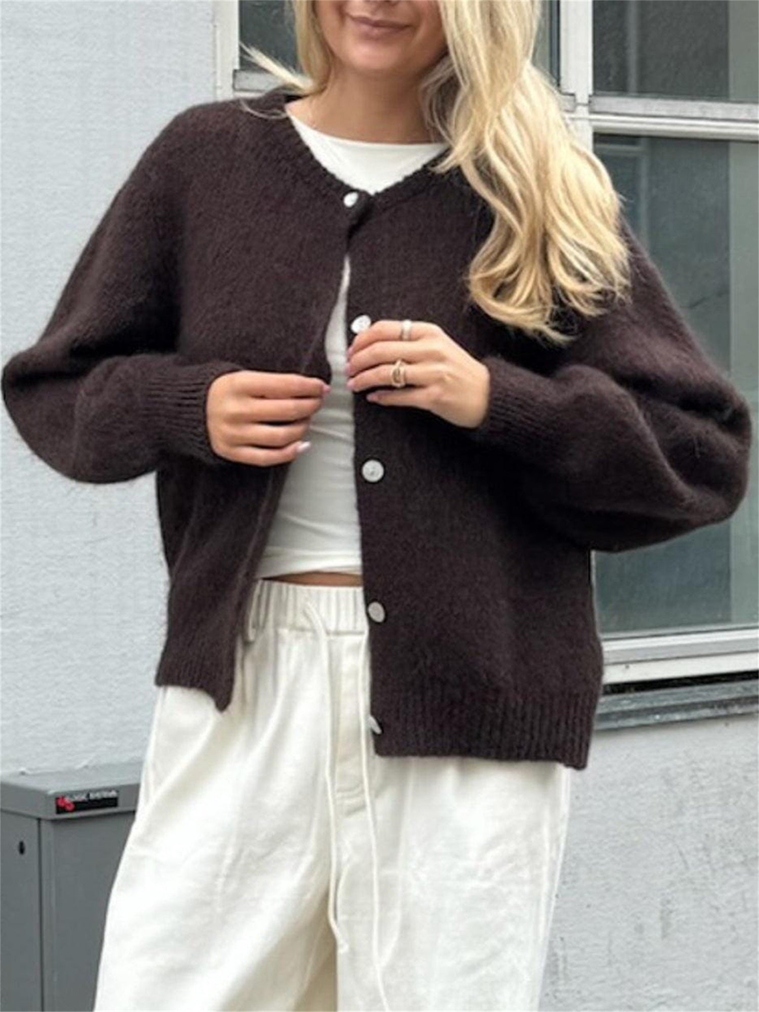 Women'S Solid Color Cardigan Fuzzy Long Sleeve Button Sweater Soft Knit Tops Outerwear