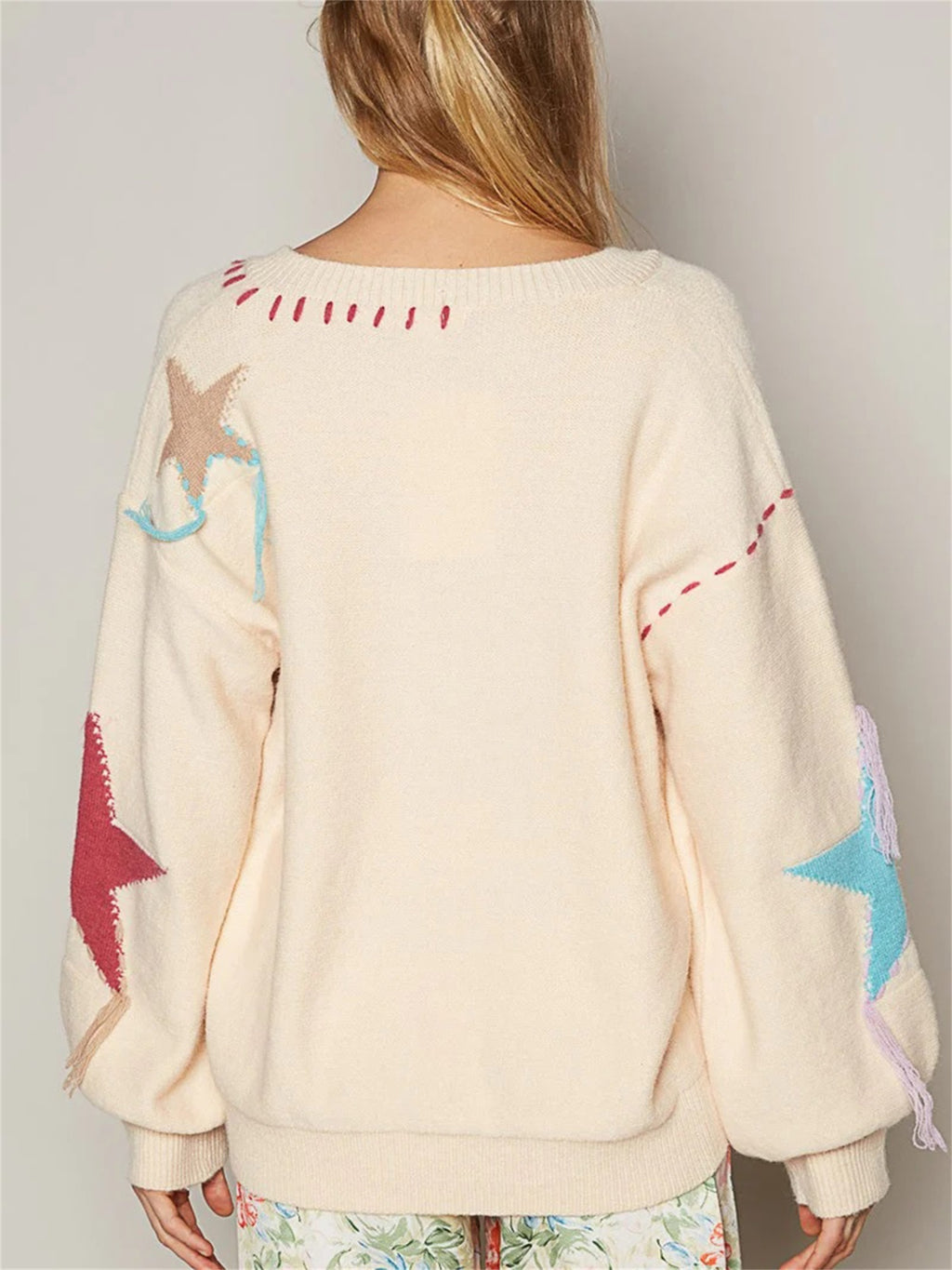 1pc Women'S Casual Off-Shoulder Long Sleeve Sweater - V-Neck Knit Pullover with Patchwork Star Pattern, Polyester Fall\u002FWinter Top
