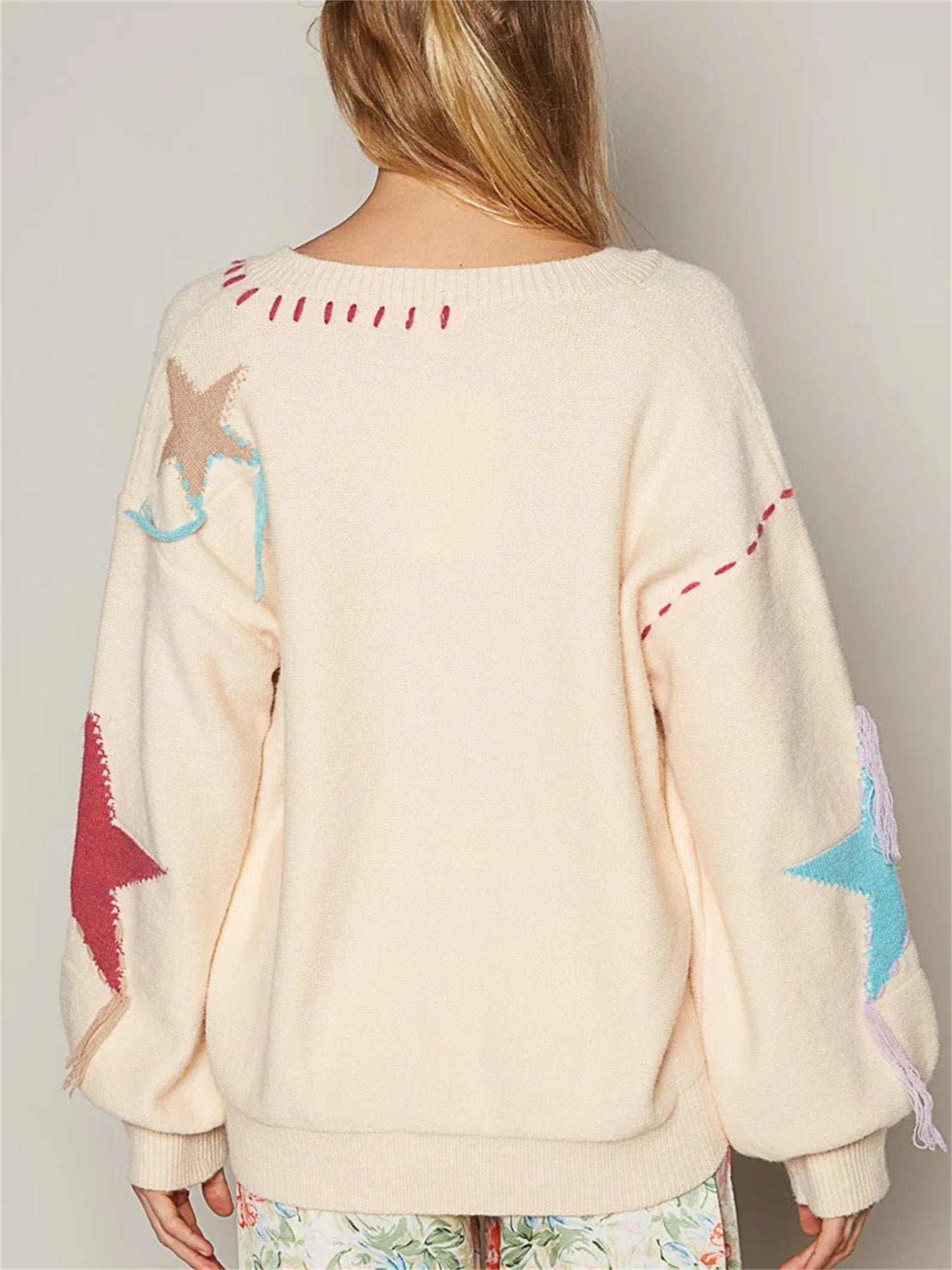 1pc Women'S Casual Off-Shoulder Long Sleeve Sweater - V-Neck Knit Pullover with Patchwork Star Pattern, Polyester Fall\u002FWinter Top