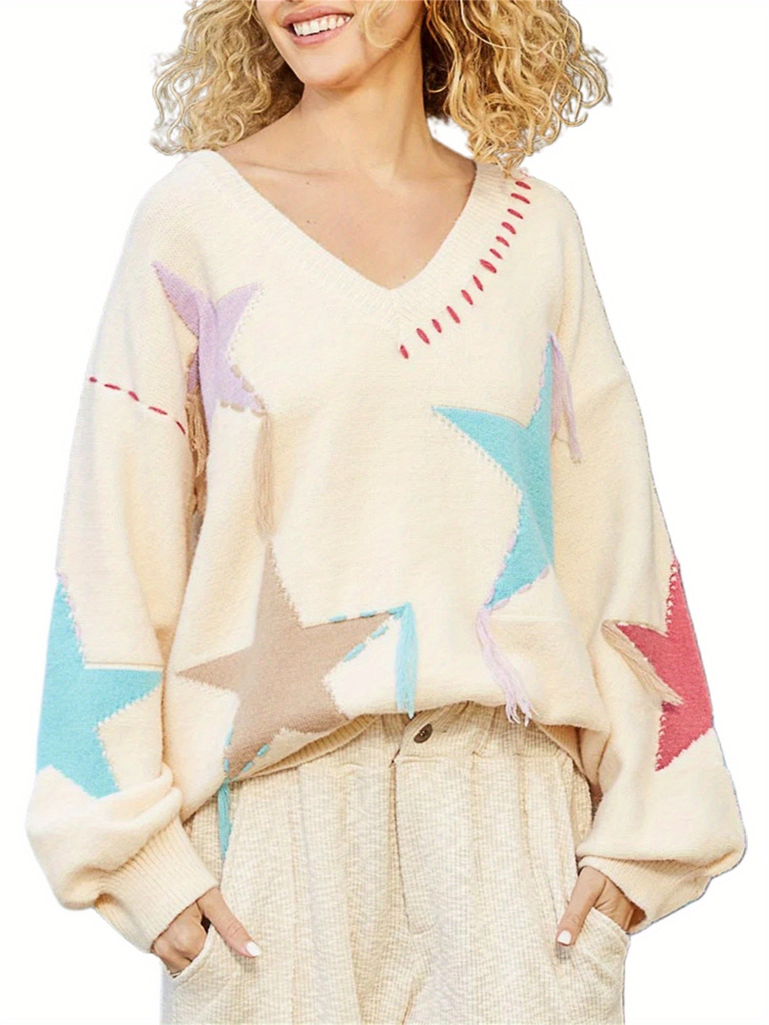 1pc Women'S Casual Off-Shoulder Long Sleeve Sweater - V-Neck Knit Pullover with Patchwork Star Pattern, Polyester Fall\u002FWinter Top