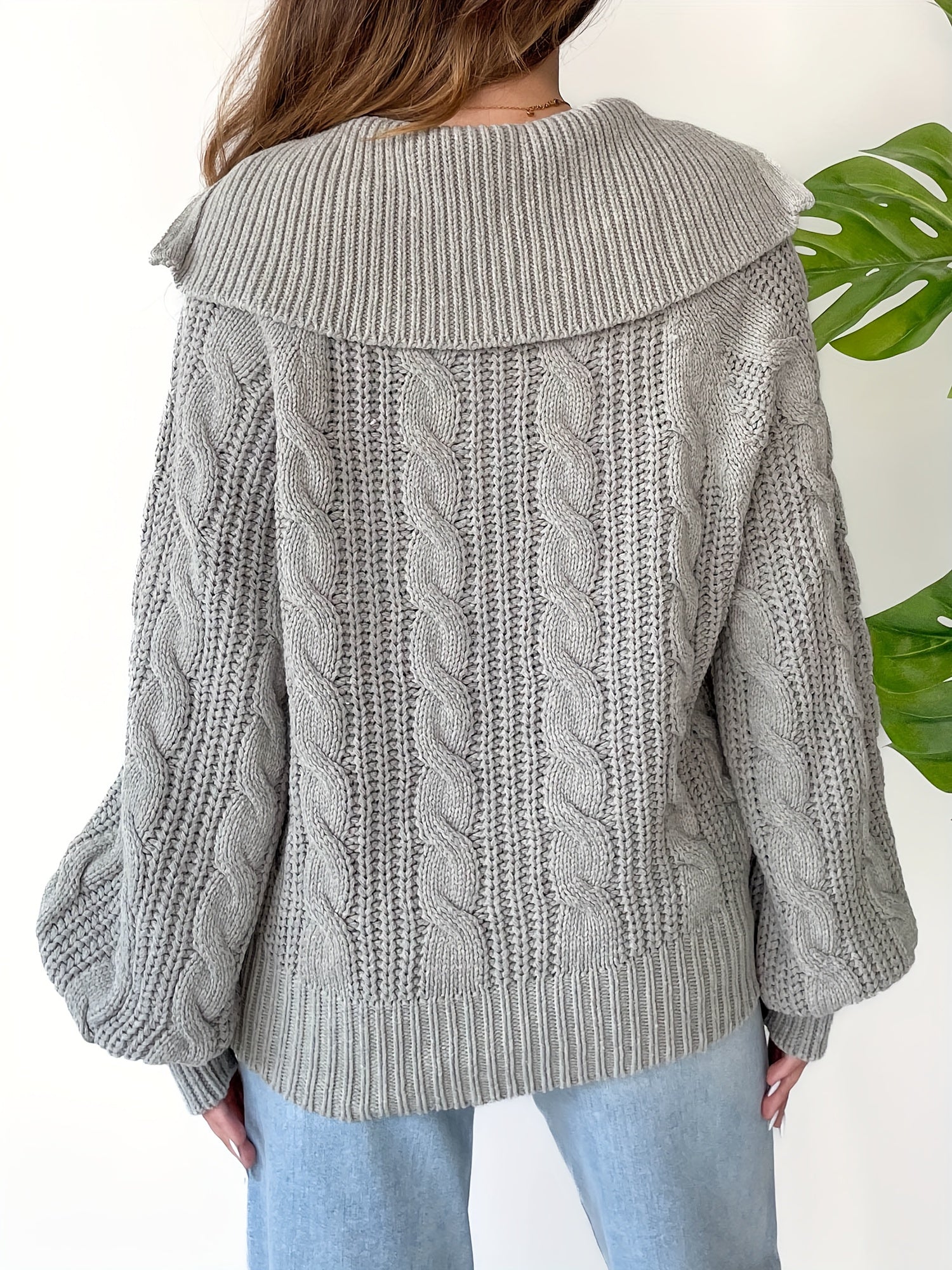 1pc Women'S Casual Cotton Cable Knit Sweater - Fall\u002FWinter Solid Color Long Sleeve Pullover with Sailor Collar and Zipper Detail