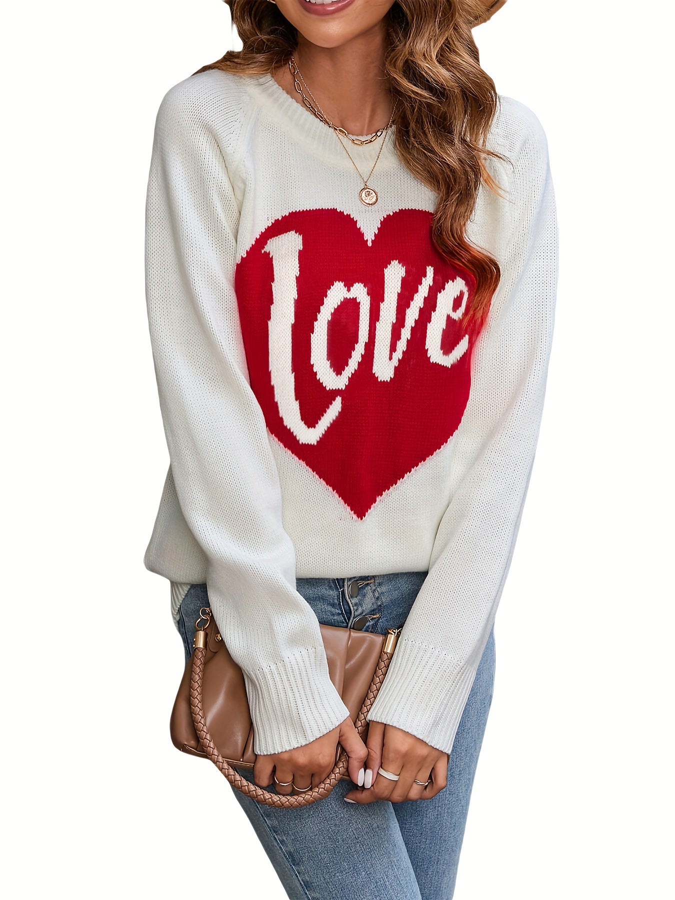 1pc Vintage Style Women'S Knit Sweater with Heart-Shaped \