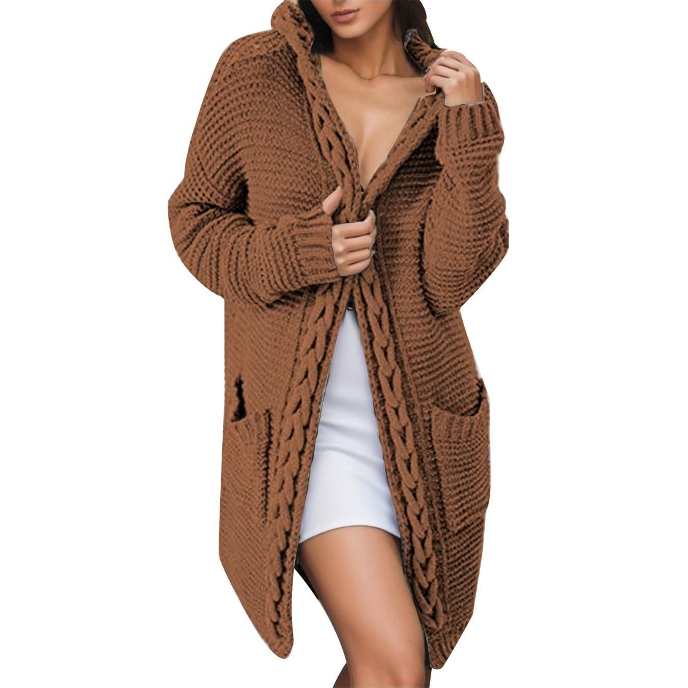 Women'S Elegant Cable Hooded Cardigan - Long Sweater Coat with Pockets, Brown, Cozy Fall\u002FWinter Outerwear, Stylish Layering Piece for Casual or Formal Outfits, Sweater Cardigan