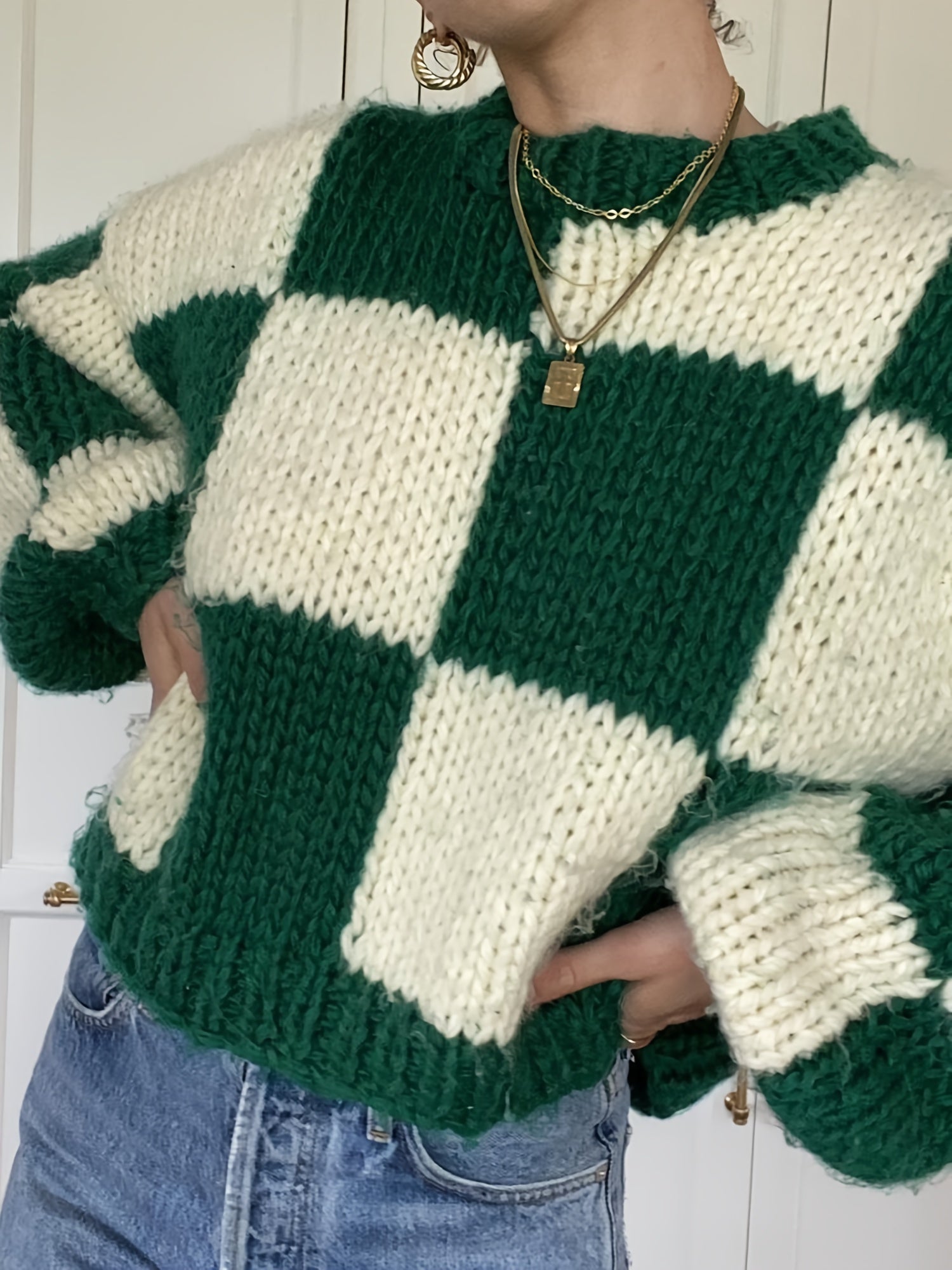 1pc Women'S Cozy Plaid Knit Sweater - Casual Round Neck Long Sleeve Pullover, Polyester Warm Christmas Pattern, Autumn\u002FWinter Basic Knitwear