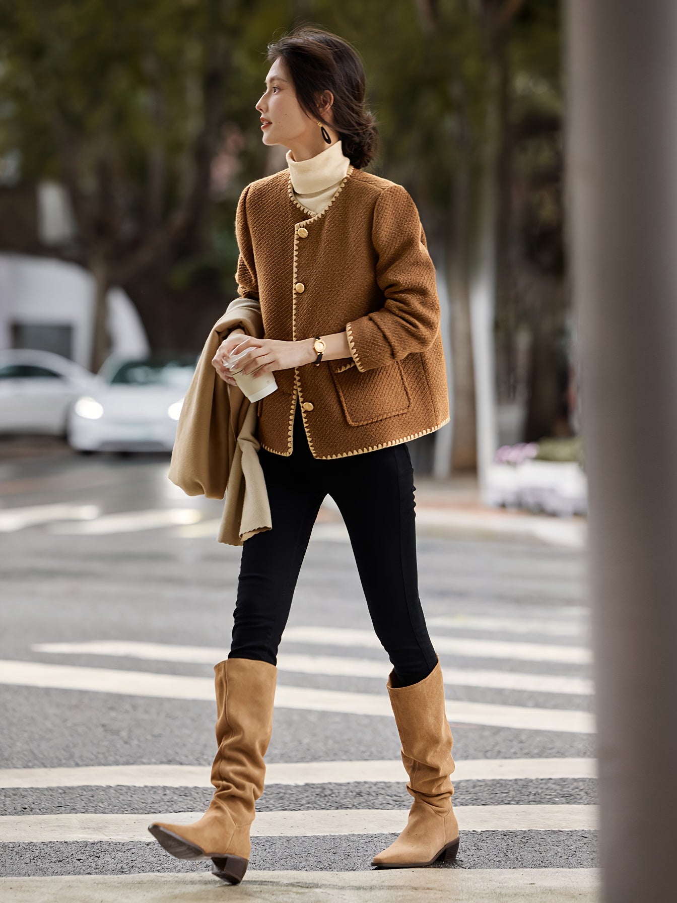 Elegant Polyester Knit Cardigan - Women'S Color Block Long Sleeve Casual Jacket with Contrast Binding, Single Breasted Placket, Non-Stretch Fabric for Fall\u002FWinter Outings