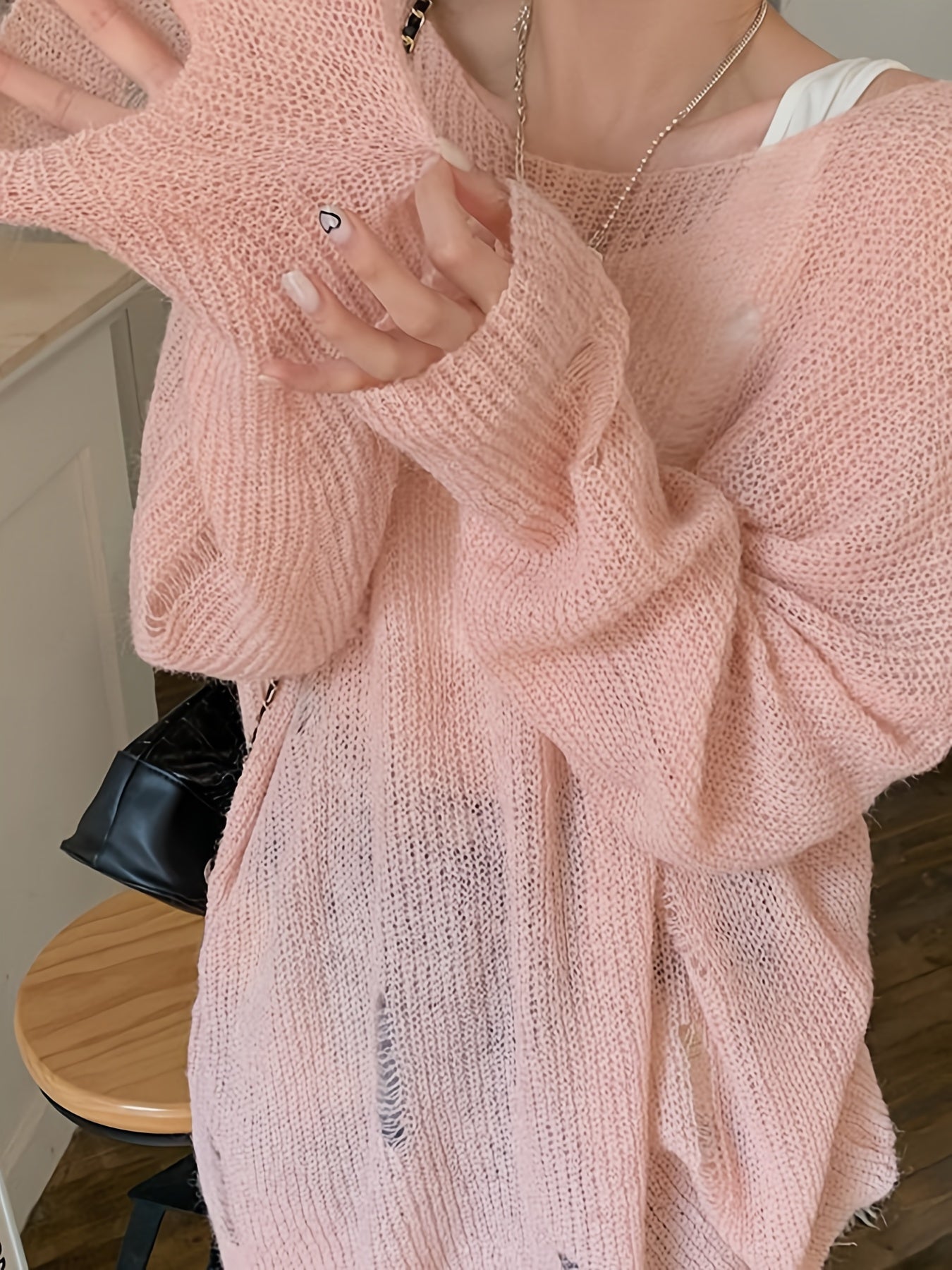 Women's Fluffy Off-Shoulder Sweater - Solid Color, Loose Fit, Ripped Long Sleeve Knitwear for Summer and Fall Streetwear