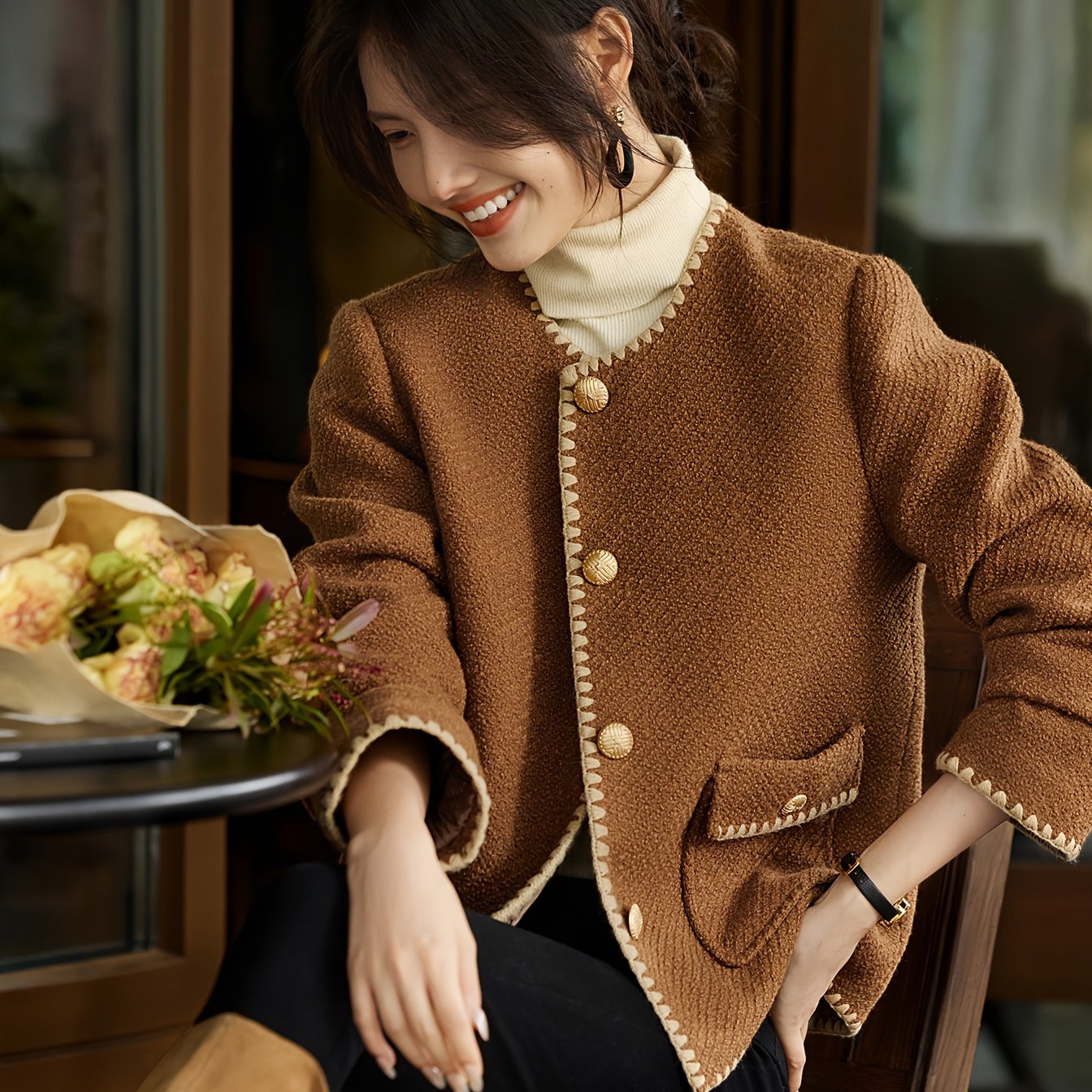 Elegant Polyester Knit Cardigan - Women'S Color Block Long Sleeve Casual Jacket with Contrast Binding, Single Breasted Placket, Non-Stretch Fabric for Fall\u002FWinter Outings
