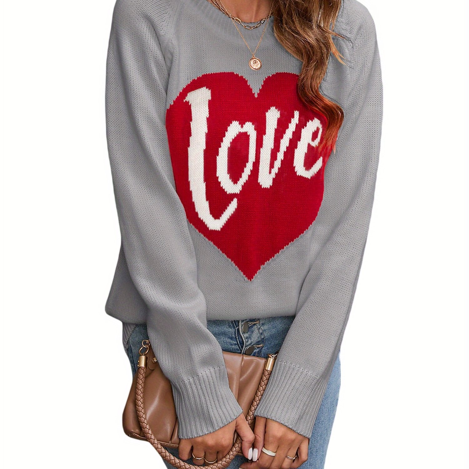 1pc Vintage Style Women'S Knit Sweater with Heart-Shaped \