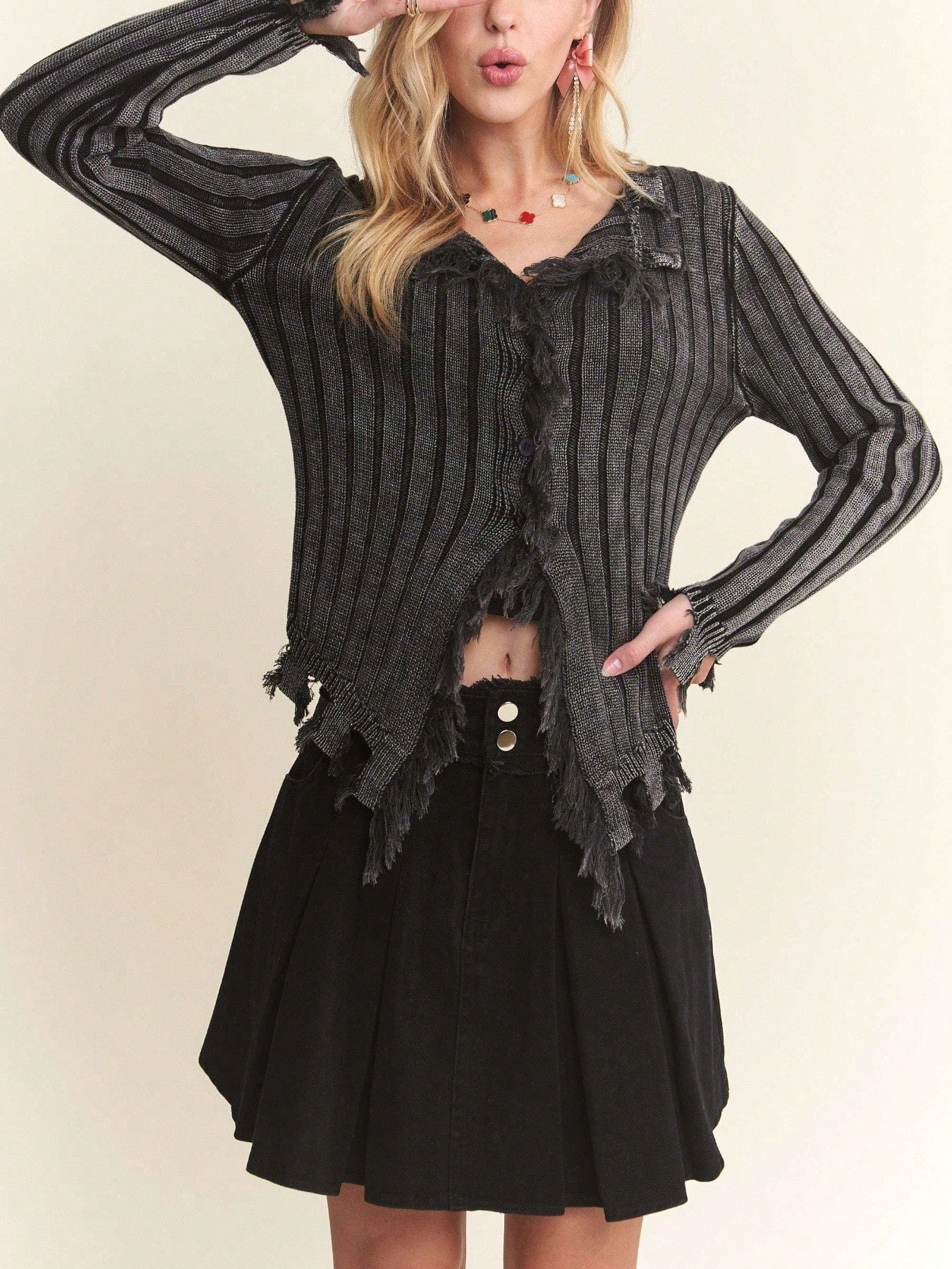 Womens Casual Pullover Sweater Edgy Grunge Distressed Ribbed Knit Frayed Hem Long Sleeve Round Neck Crop Top Dark Gray Autumn Winter Street Style Fashion Forward Alternative Aesthetic Daily Wear