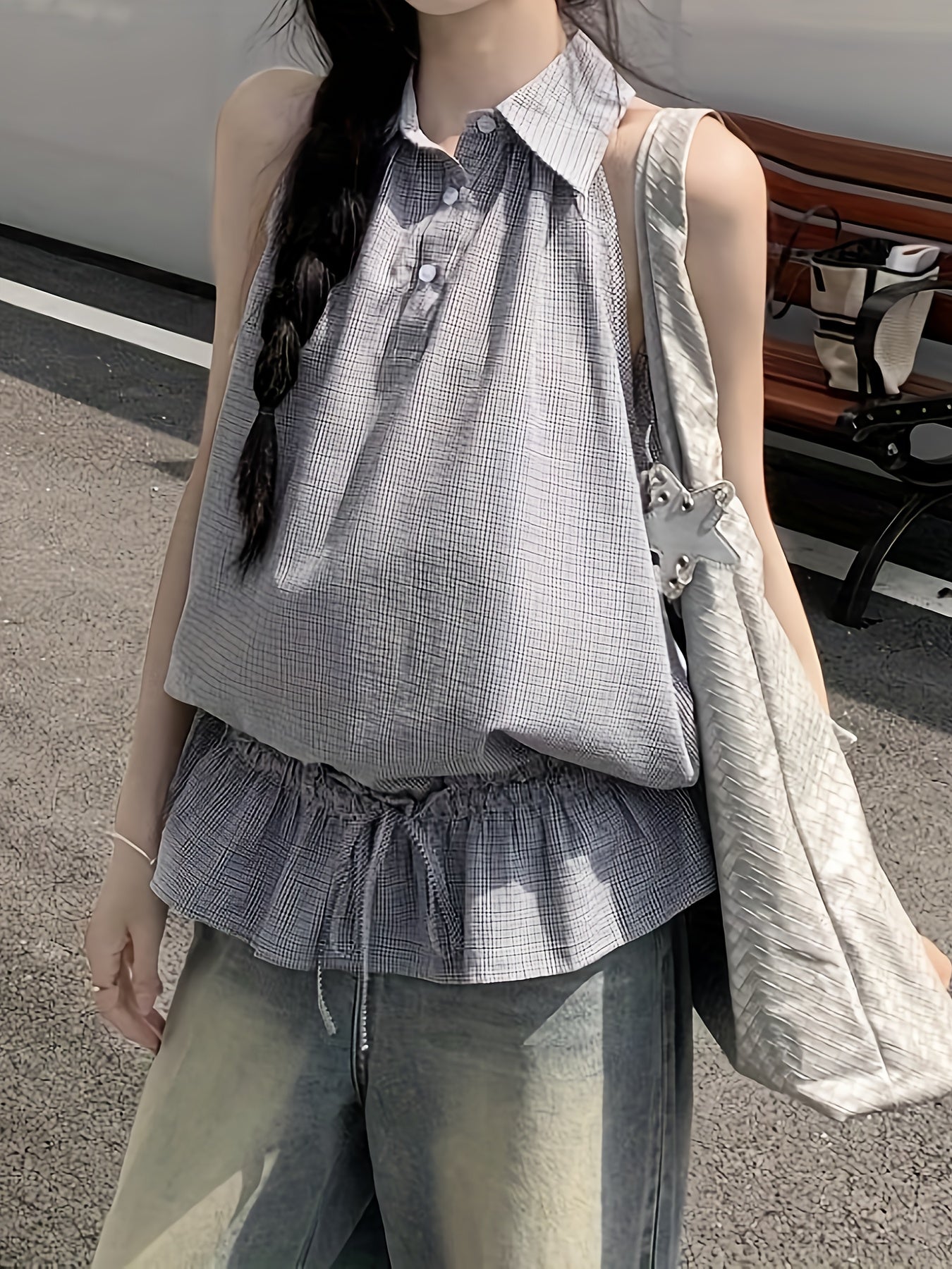 Women'S Sleeveless Plaid Halter Top with Ruffled Hem - Lightweight Summer Blouse, Casual Vacation Style, Gray & White Check Pattern, Perfect for Outdoor, Vacation Clothing | Ruffled Hem Top | Glossy Texture