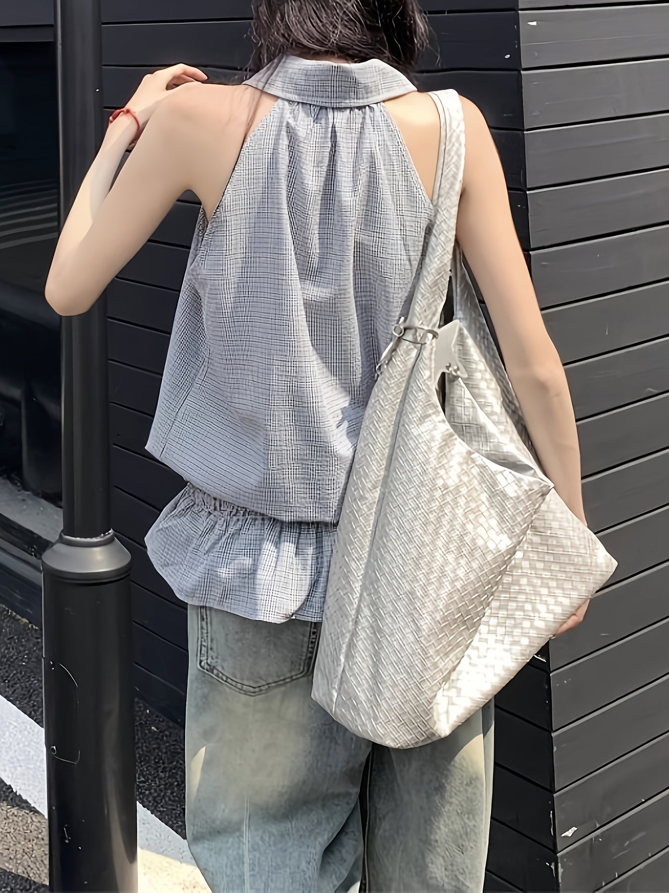 Women'S Sleeveless Plaid Halter Top with Ruffled Hem - Lightweight Summer Blouse, Casual Vacation Style, Gray & White Check Pattern, Perfect for Outdoor, Vacation Clothing | Ruffled Hem Top | Glossy Texture
