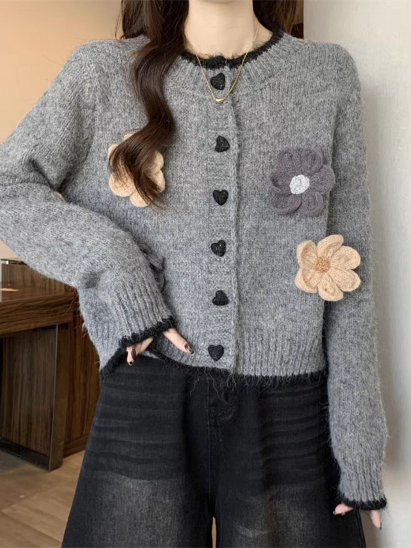 Women'S Elegant V-Neck Cardigan - Soft Gray Sweater with Floral Embellishments, Long Sleeve, Button-Up Front, Perfect for Autumn\u002FWinter, Casual & Formal Wear, Sweater Cardigan